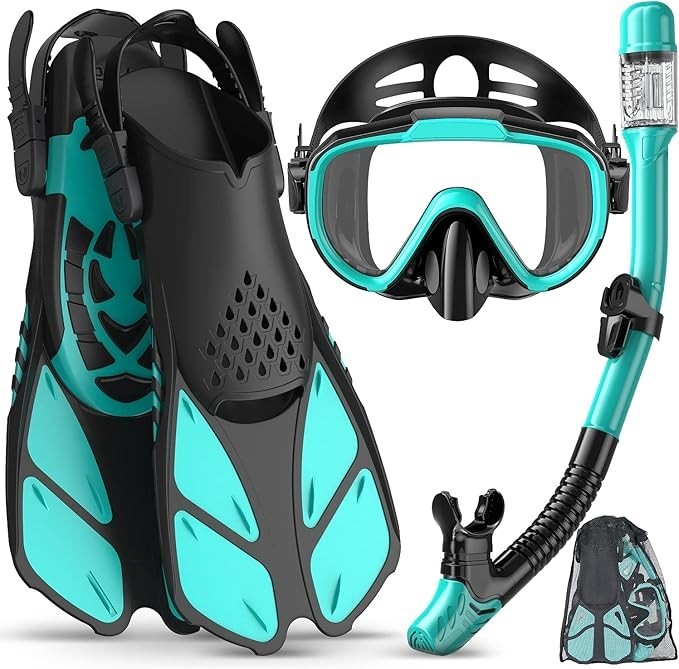 Ubekezele 4 Piece Snorkel Set Adult Diving Mask Anti-Leak Fins Travel Ready