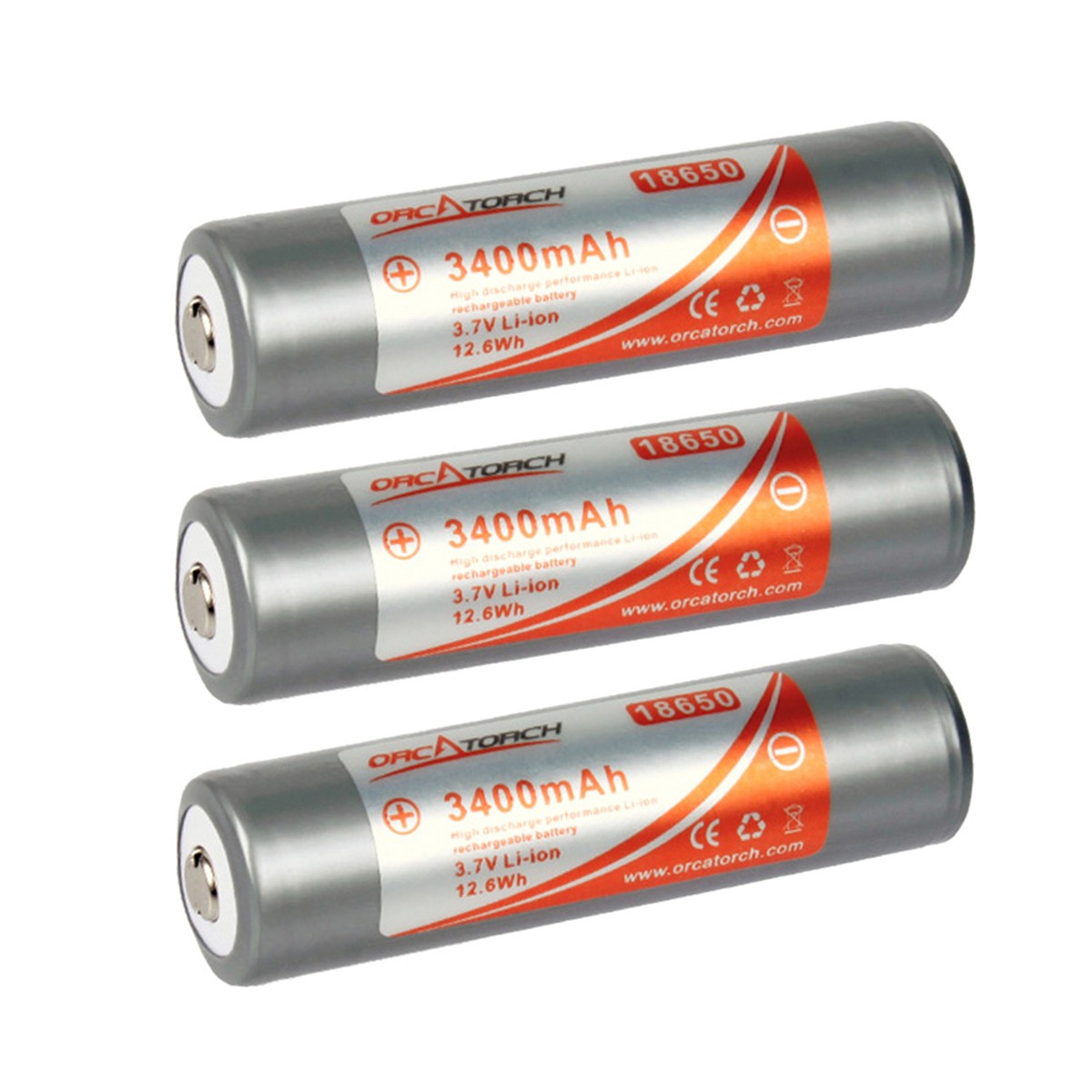 OrcaTorch 18650 Rechargeable Lithium-Ion Battery – 3400mAh – 3 Pack