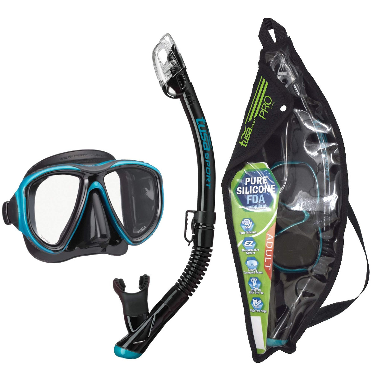 Tusa Sport Adult Powerview Mask And Dry Snorkel Combo Black/Ocean Green