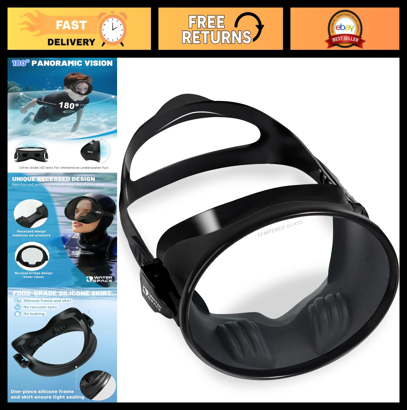 180° Clear View Diving Mask for Youth & Adults – Tempered Glass Lens, Snorkeling