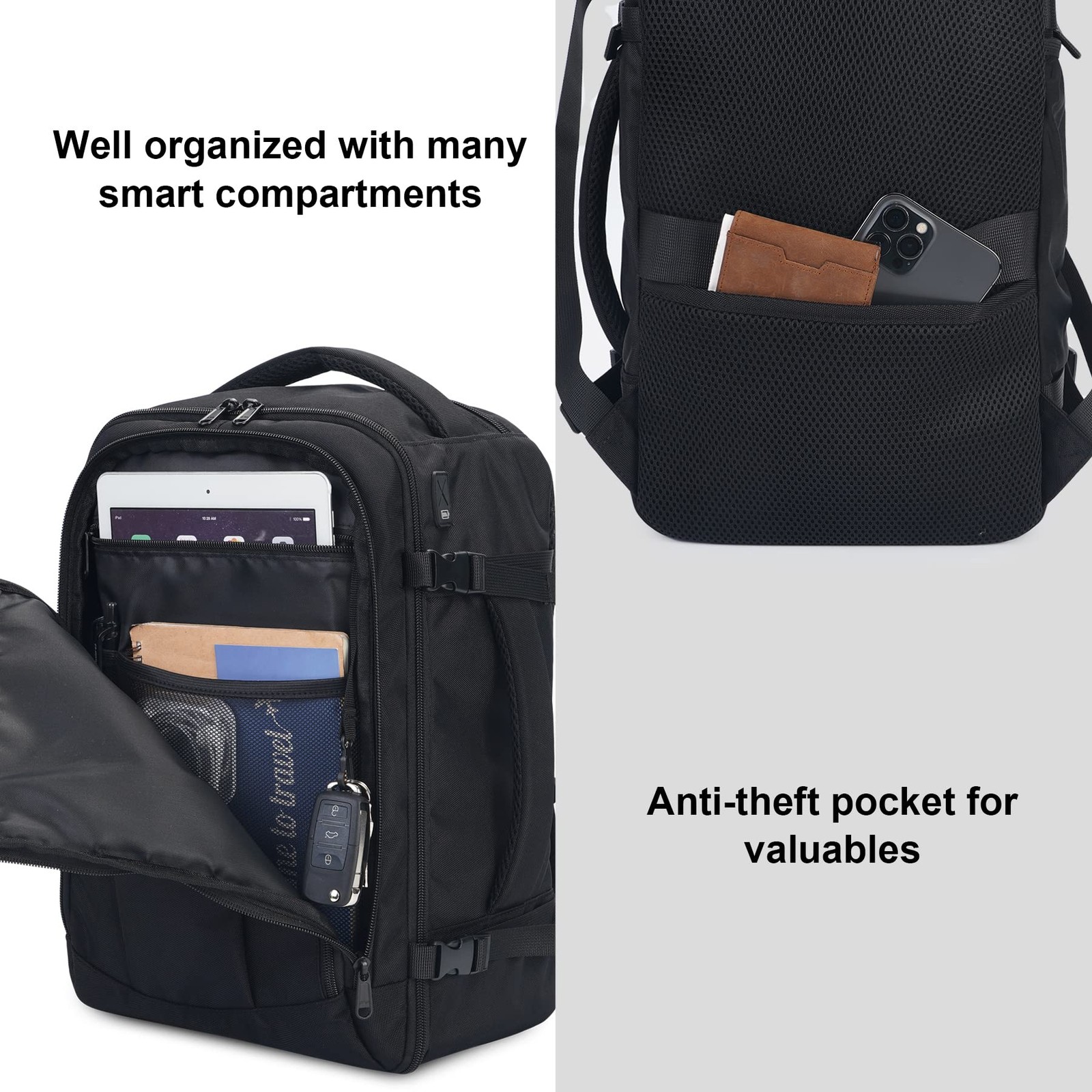 ECOHUB Travel Backpack 18x14x8 Spirit Airlines 18 inch underseat, Black