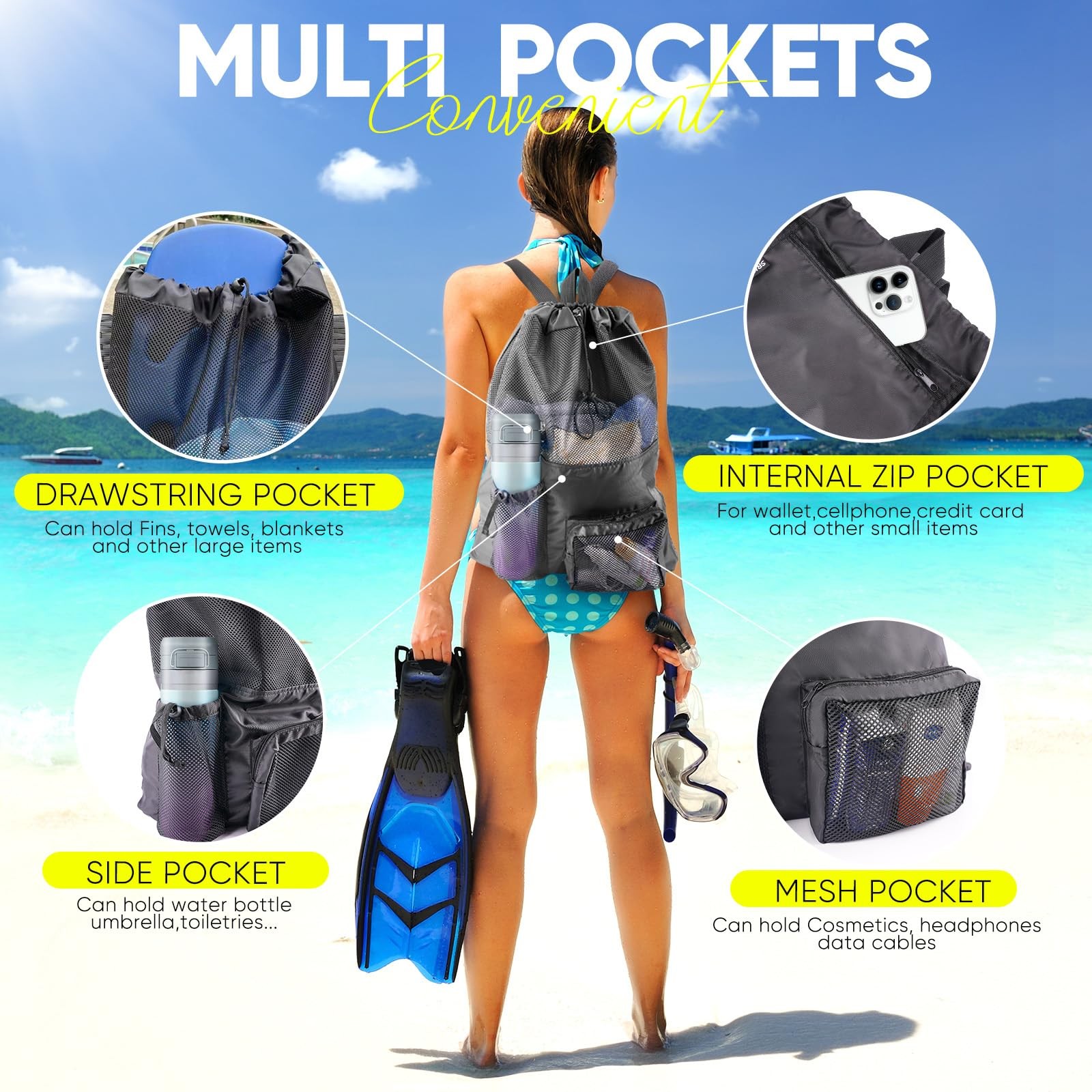 Mesh Swim Bag Beach Drawstring Backpack, Waterproof One Size, Ink Black