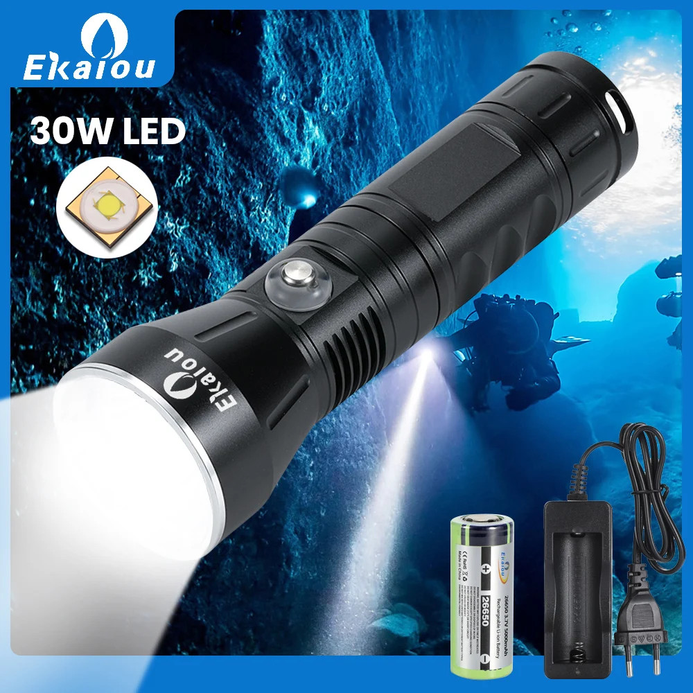 Professional 30W LED Diving Flashlight 3000Lumens Tactical Underwater 100M Water