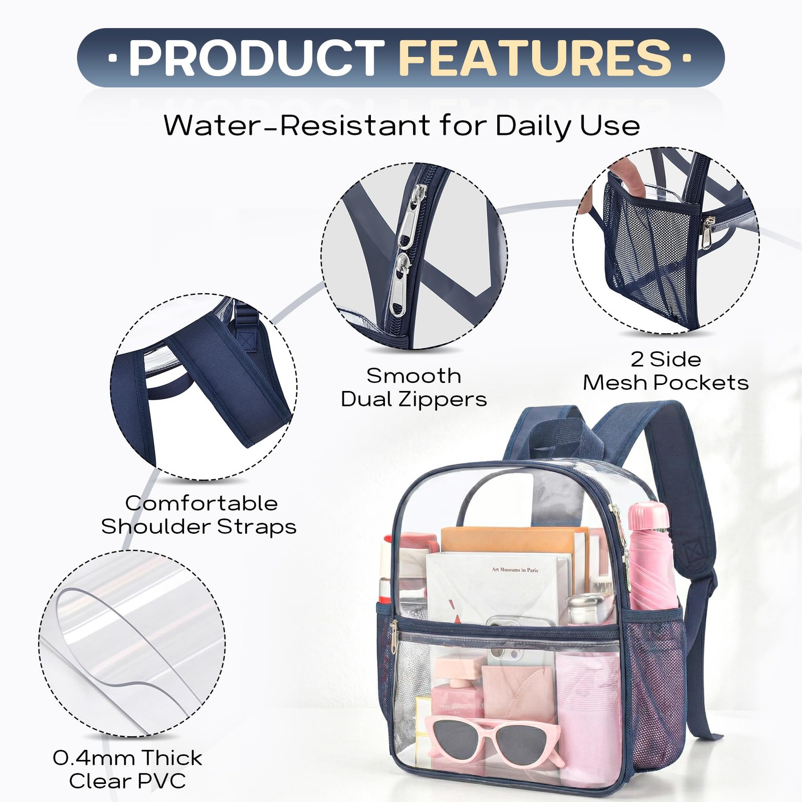 Oraben Clear Backpack Stadium Approved, 12 x 6 x 11 in, Small, Navy Blue