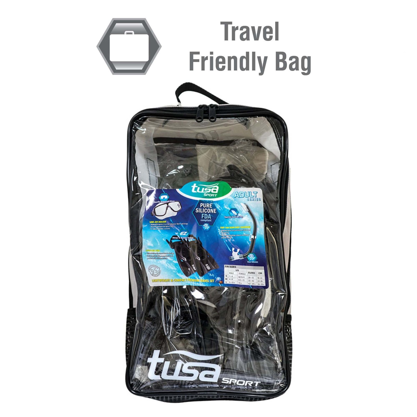 Tusa Sport Adult Platina Hyperdry Mask Snorkel Fins Travel Set Black Medium
