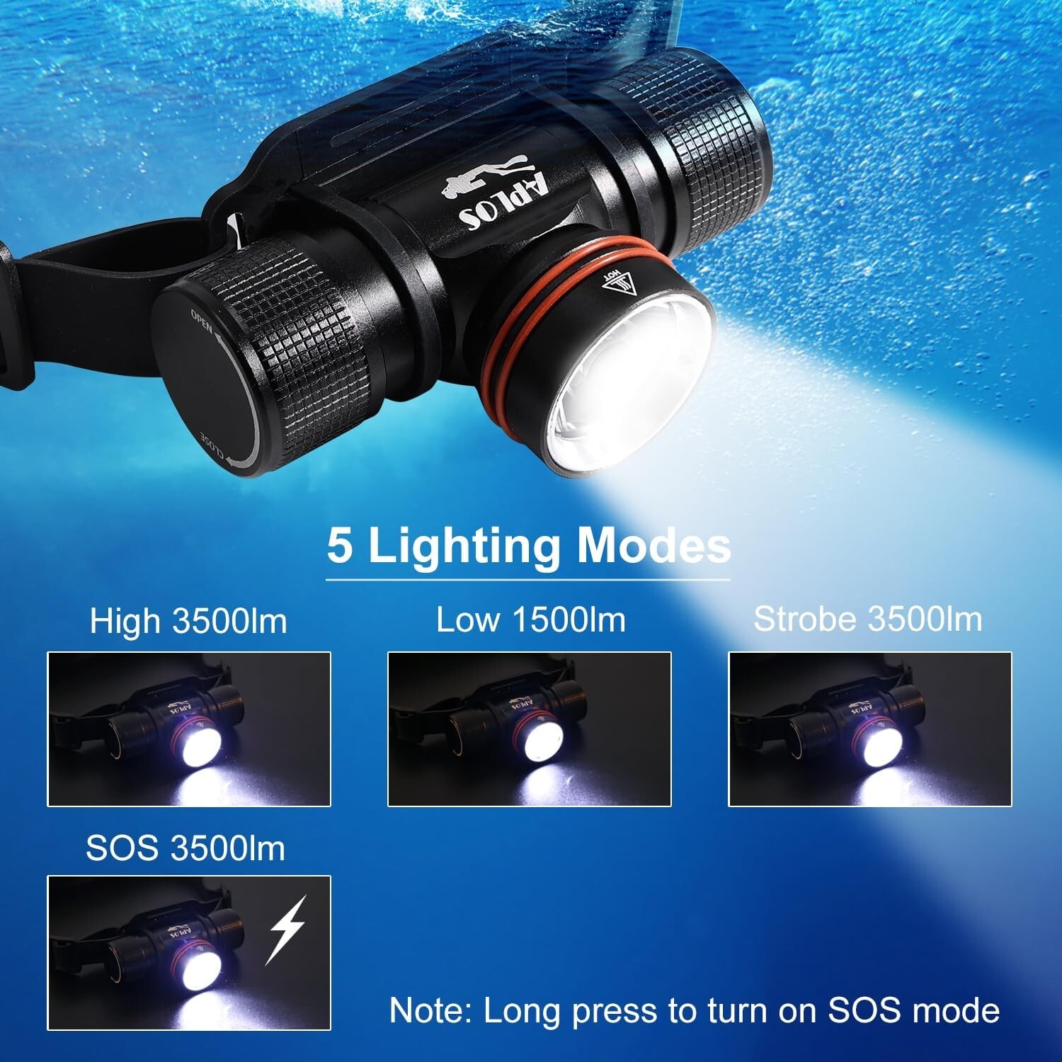 APLOS H800 Scuba Diving Headlamp/3500 Lmns for Caving, Snorkeling, Spearfishing