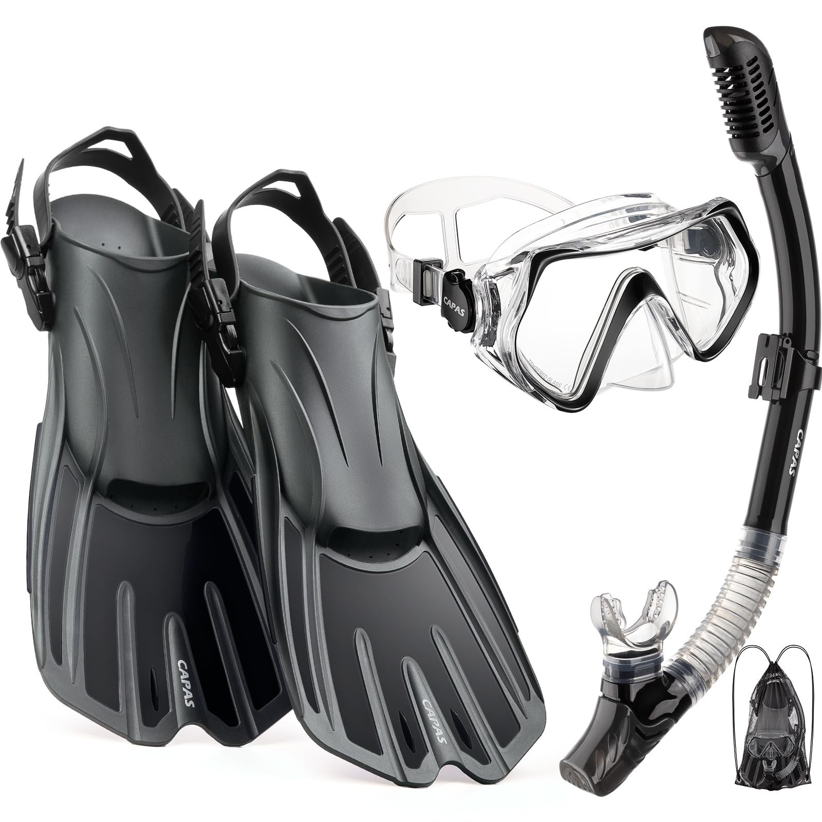 CAPAS Snorkel Mask Fins Set, S/M (US Men 6-8.5 / Women 7-9.5), Black-gray