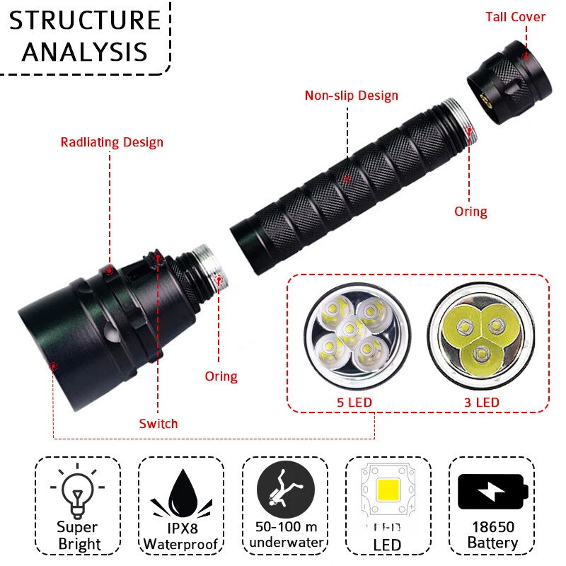 Underwater LED Diving Flashlight 9000lm Waterproof Rechargeable Torch Lamp