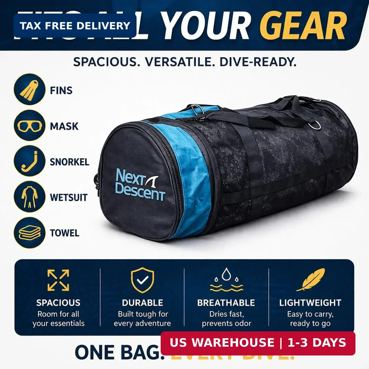 Extra Large Mesh Duffel Bag for Scuba Diving, Snorkeling, Swimming, Beach, Black