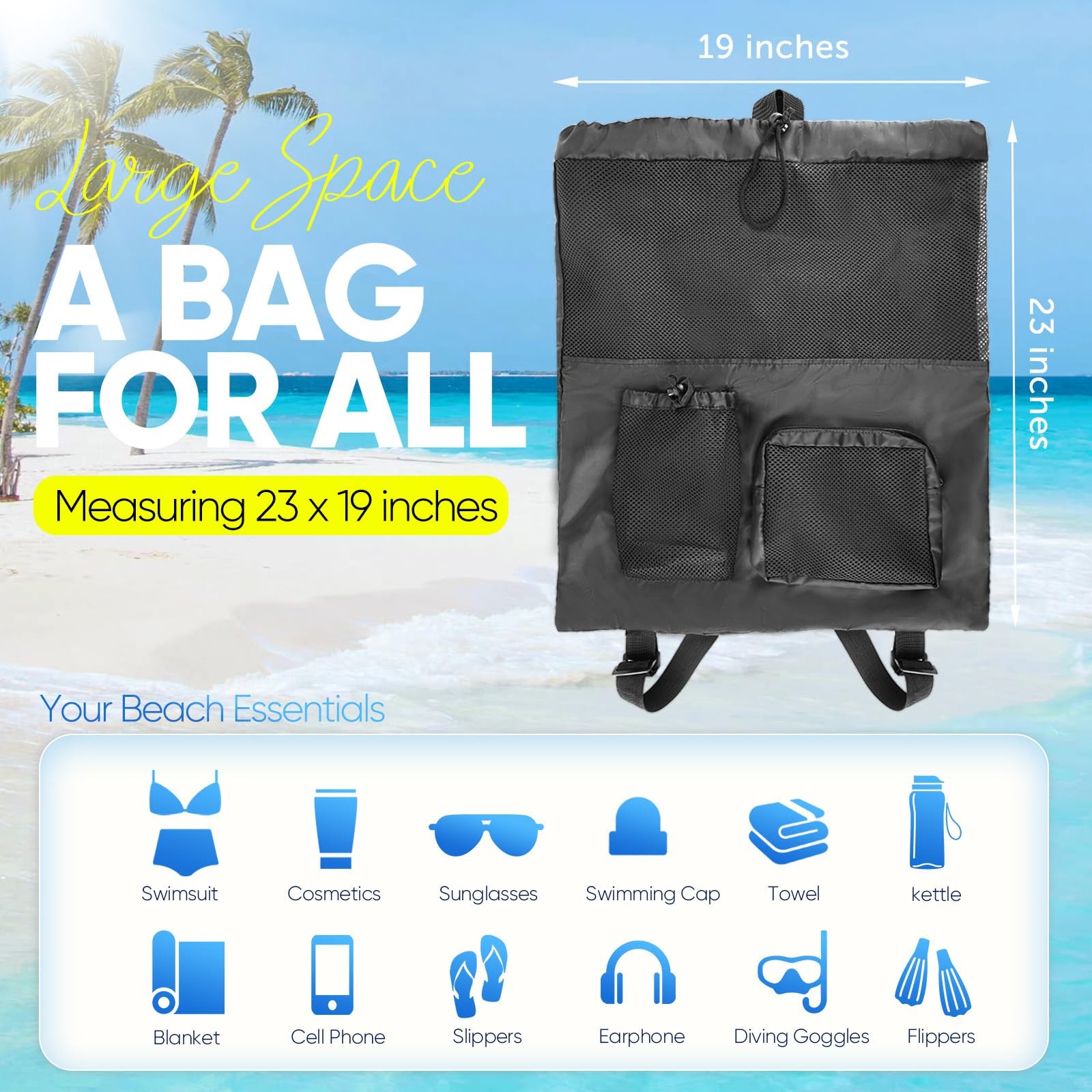 Mesh Swim Bag Beach Drawstring Backpack, Waterproof One Size, Ink Black