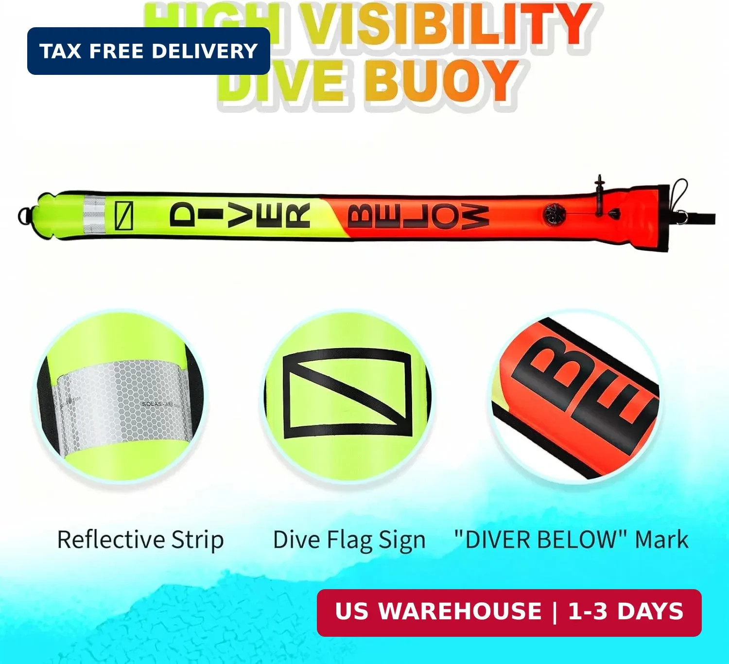 Surface Marker Buoy, 5ft Scuba SMB High Visibility Open Bottom Dive Buoy with Or