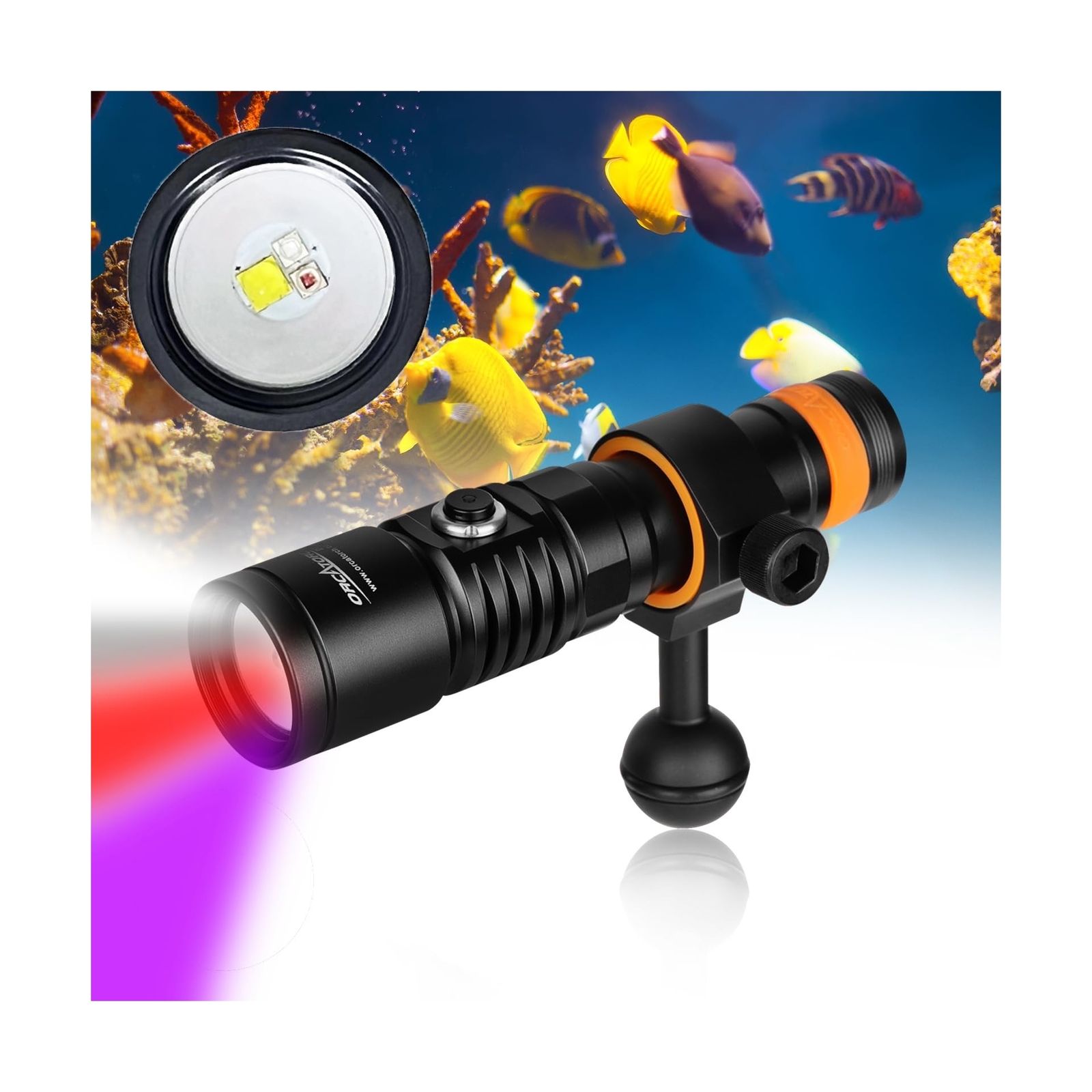 ORCATORCH D710V 2000 Lumens Underwater Video Light, White Red Violet Tri-Colo…