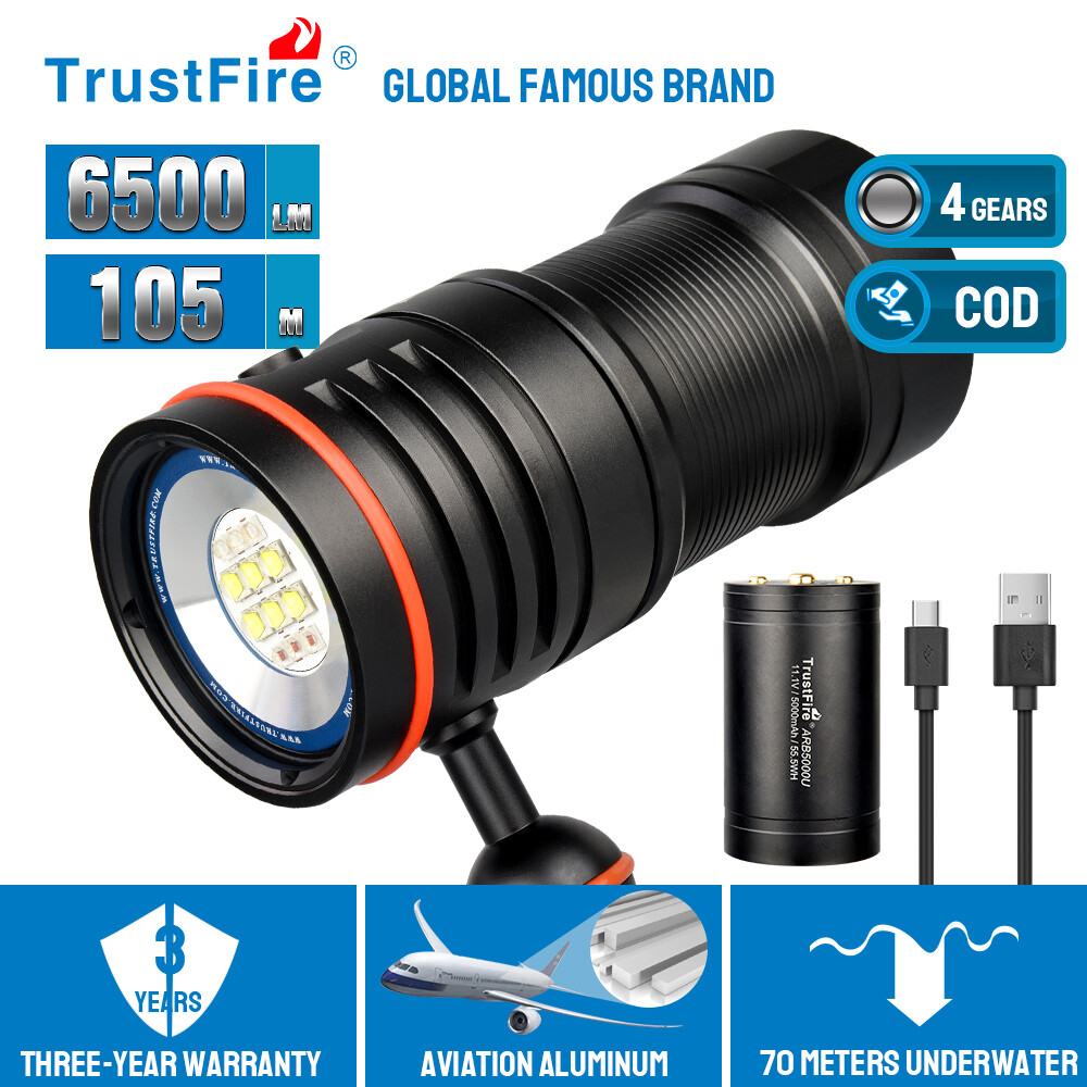 Trustfire DF50 6500lm Scuba Cave Diving LED Lights Video Camera Lamp 70M Depth