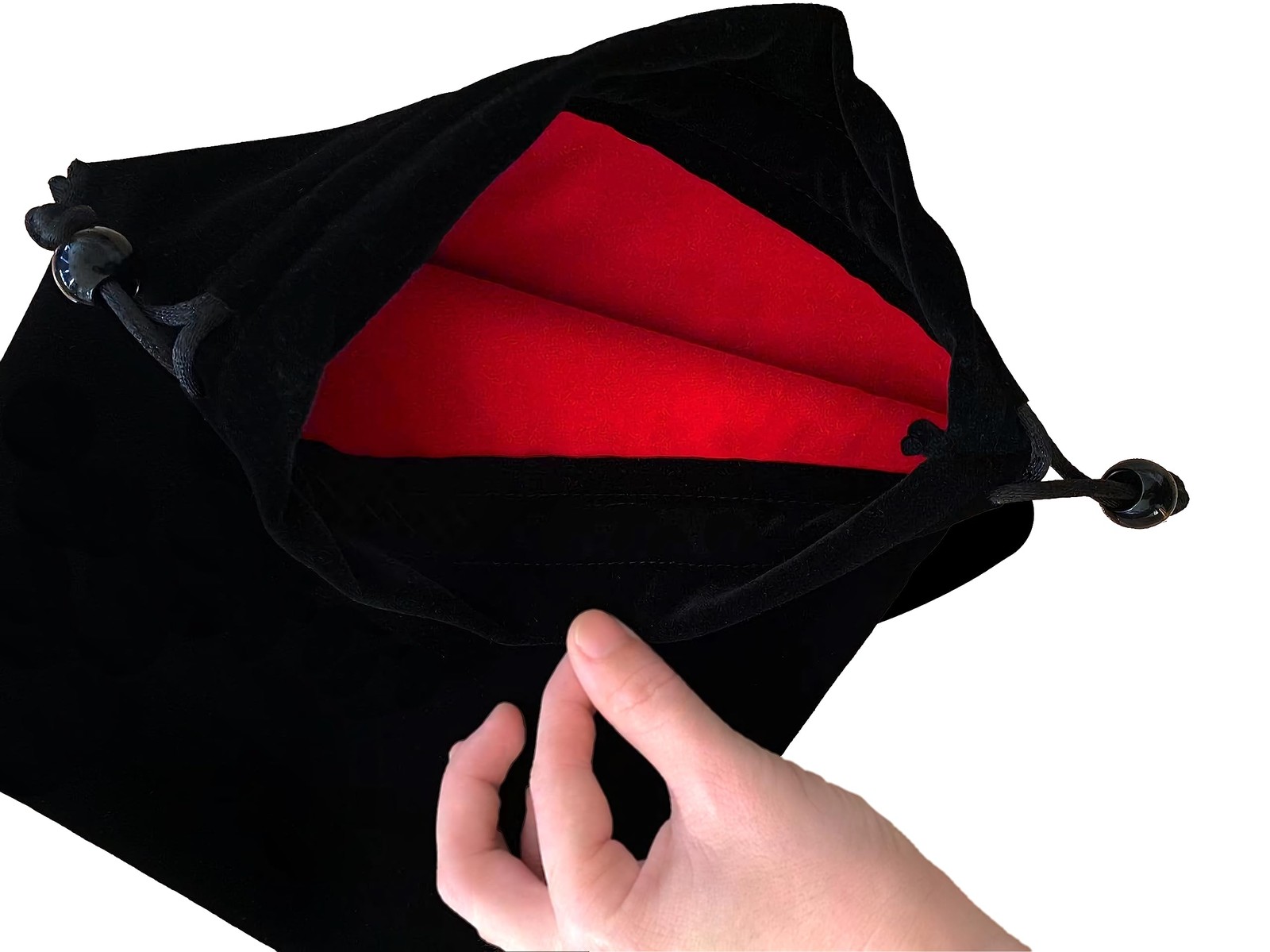 Large Black Velvet Drawstring Pouch, Red Lining 9 x 11.4 inches,