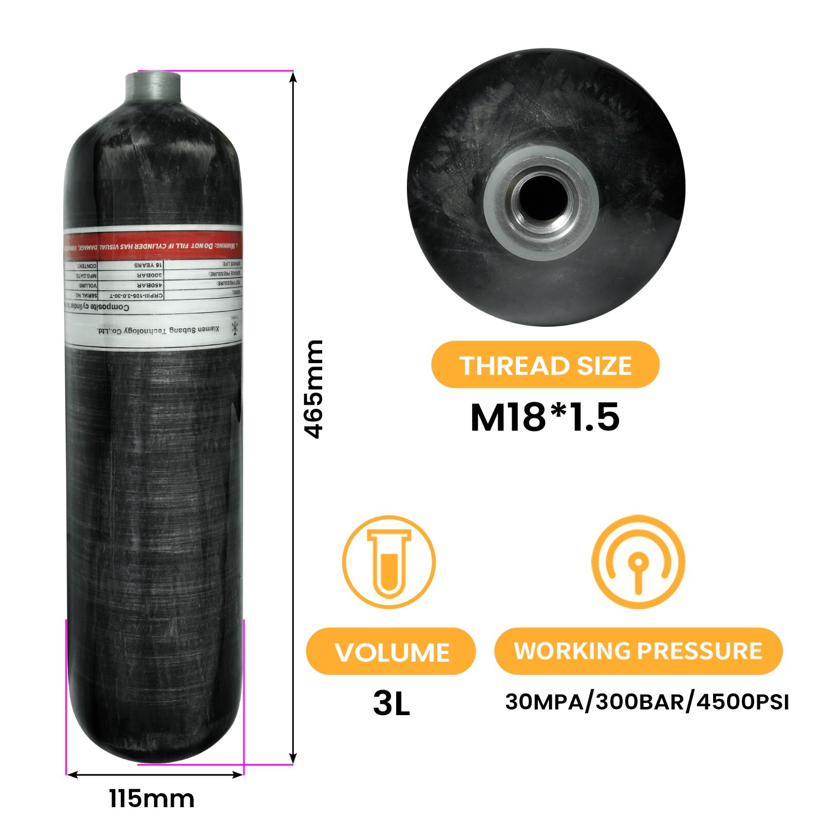 TUXING 3L Pcp Air Tank,4500Psi Carbon Fiber HPA Tank,Dual Gauge 24-inches Valve