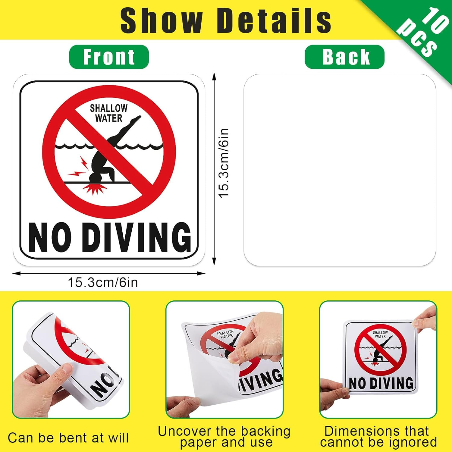 10 Pcs 6 X 6 Inch No Diving Adhesive Pool Safety Marker with Graphic No Diving P