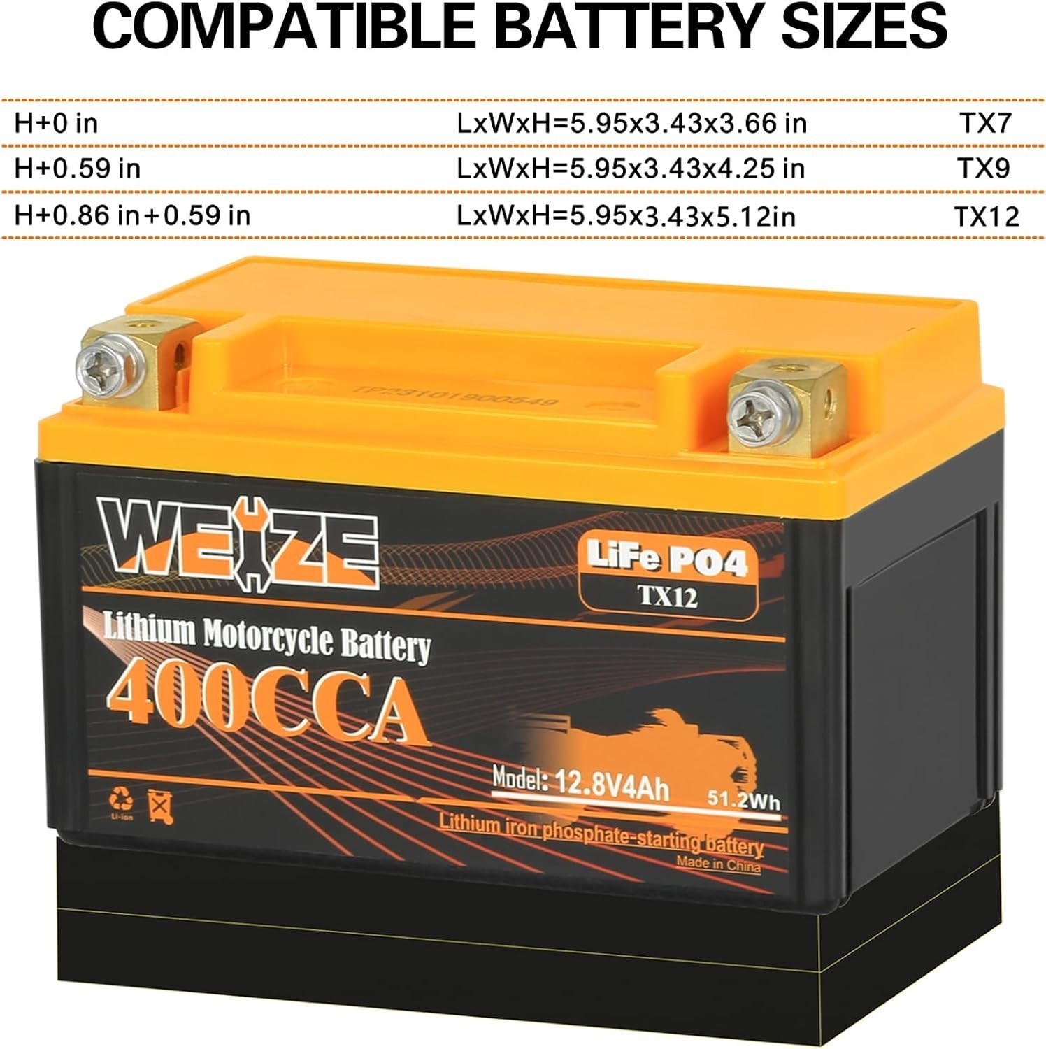 Weize Lithium YTX9, 400A LiFePO4 Motorcycle Battery YTX12, 12V 4AH YTX7 ATV, UT