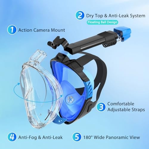 Snorkeling Gear for Adults, Full Face Snorkel Mask, Scuba Small-Medium Blue