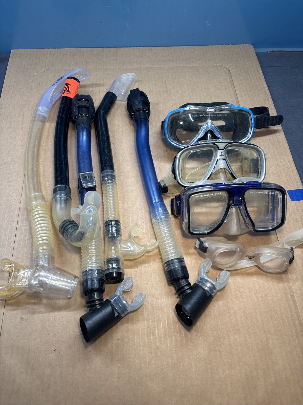 Lot Scuba 3 Dive Masks + 5 Snorkels. DILFINO/IDEA/CCESSI/OCEAN MASTER