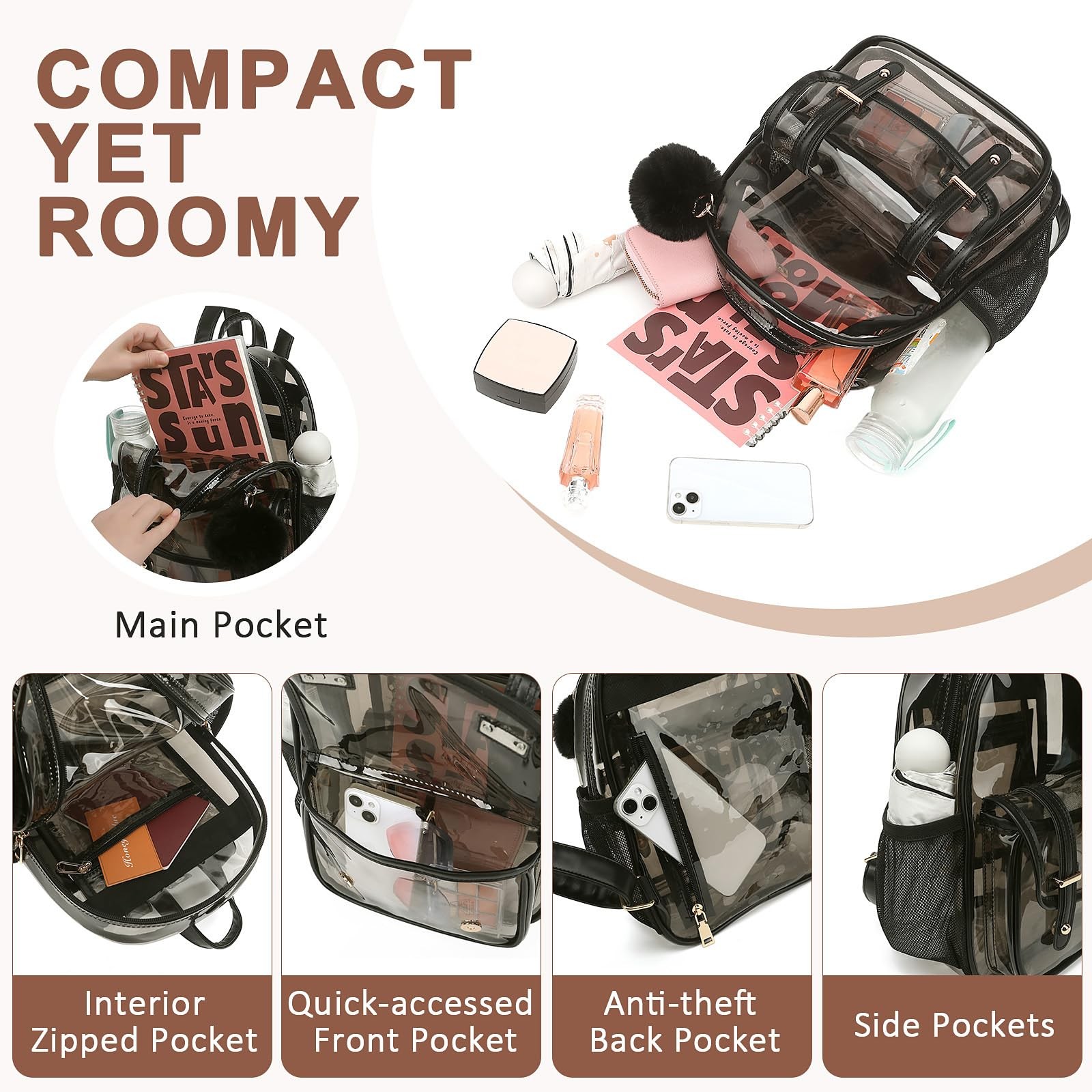 Clear Backpack for Stadium Events, 12x 12.59 x 9.44 x 4.33 inches, Semi Black