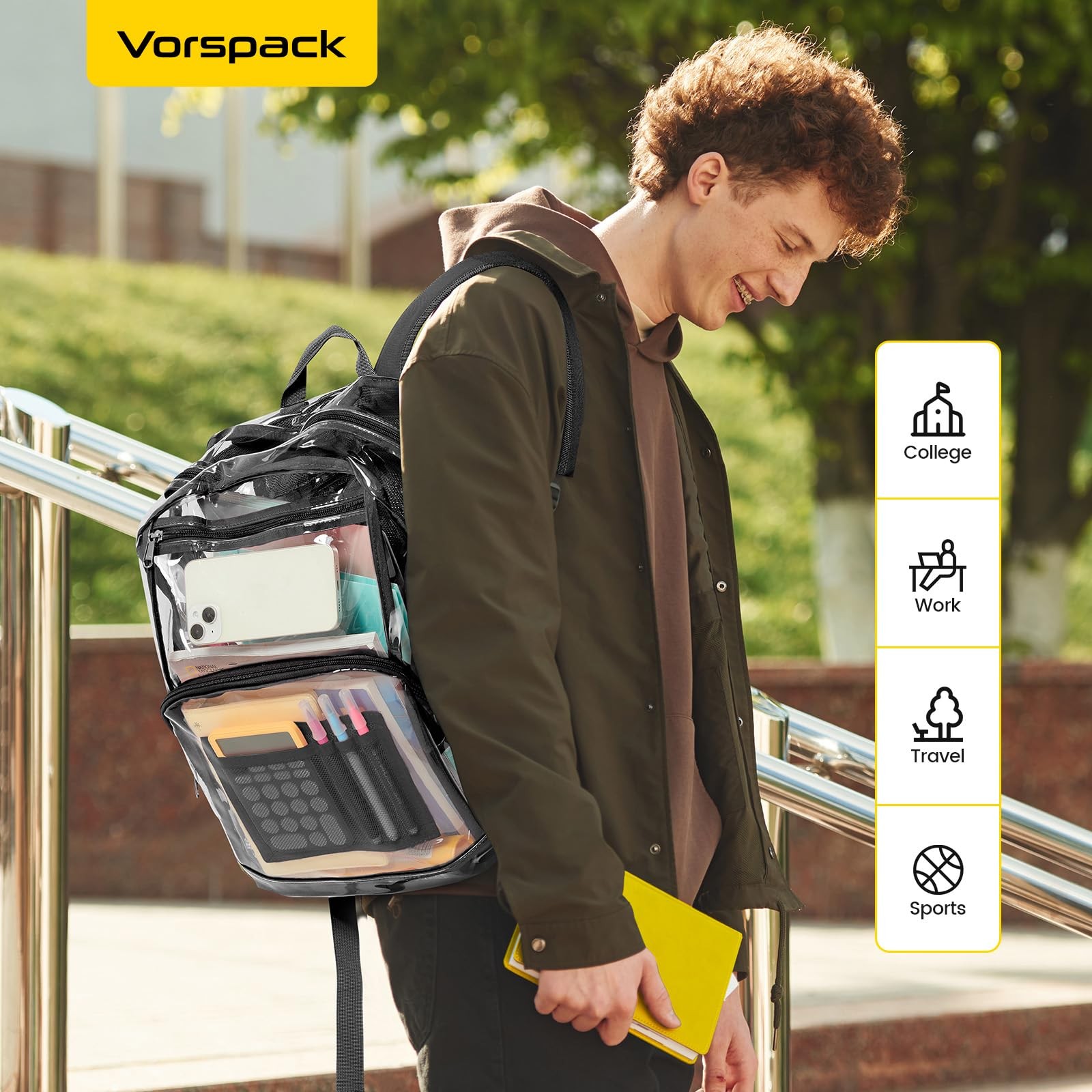 Vorspack Clear Backpack Heavy Duty – Large Transparent Bookbag Large, Black
