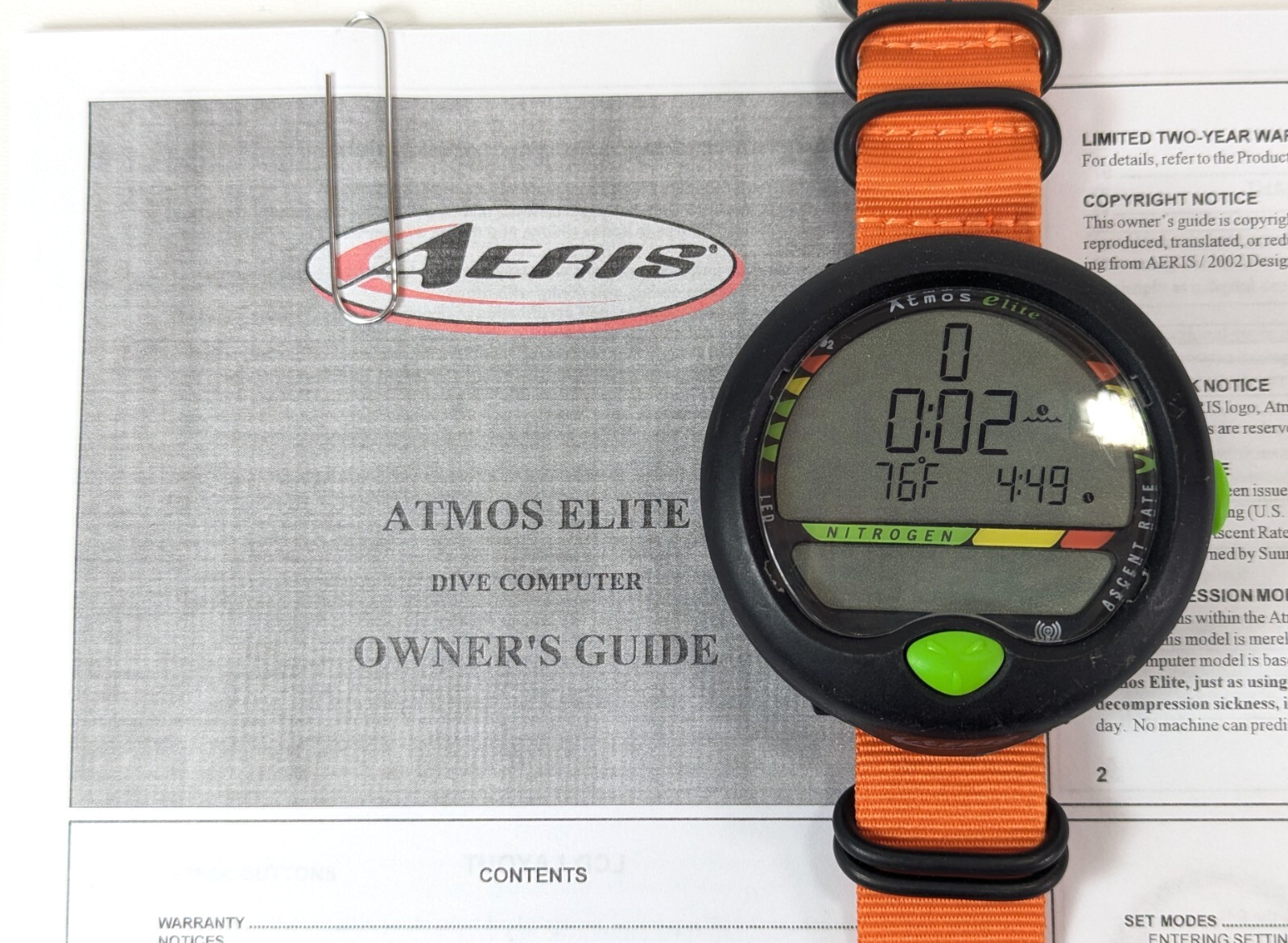 Aeris Atmos Elite Wrist Wireless Hoseless Nitrox Scuba Dive Computer Orange 5222
