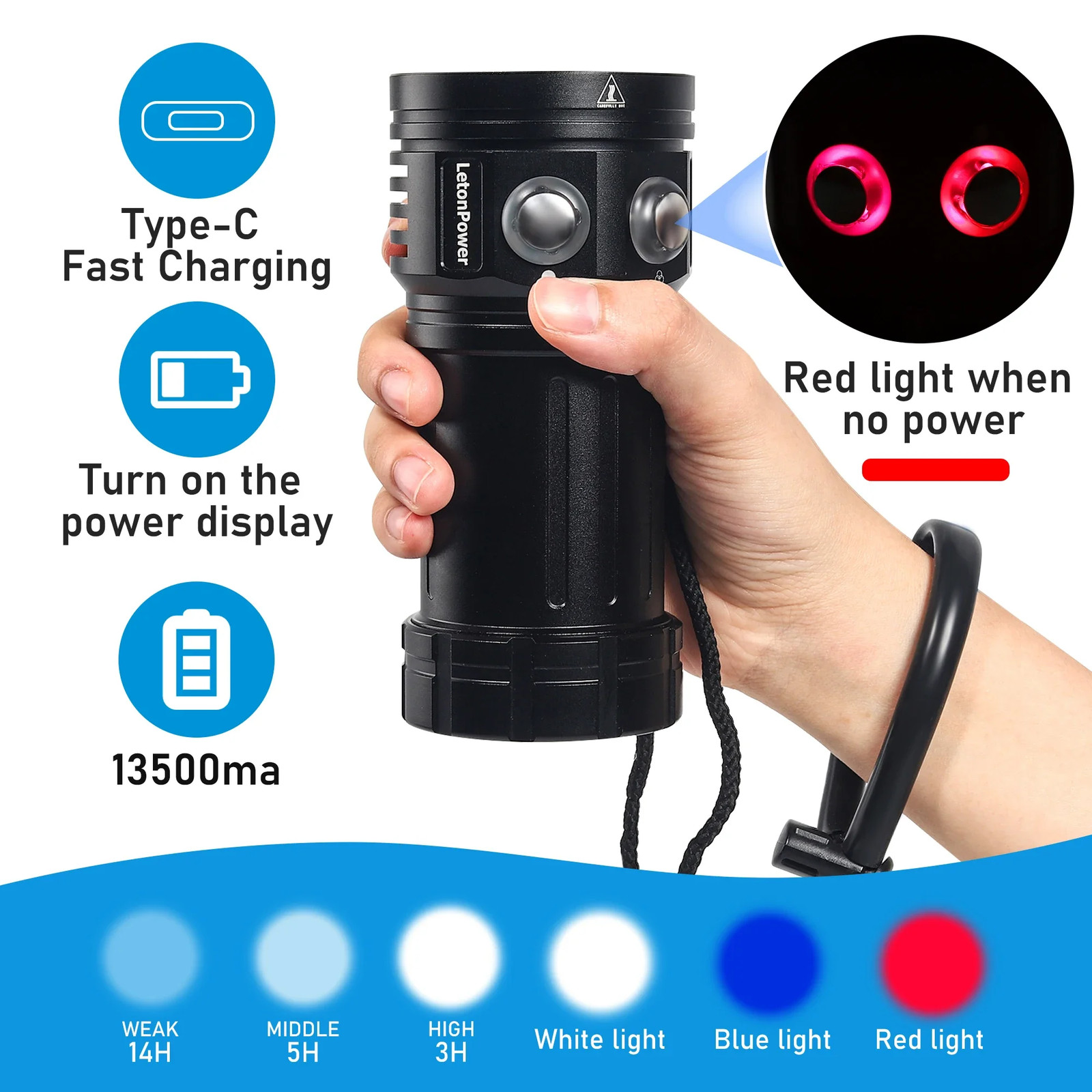 LetonPower Diving Flashlight 18000Lumens rechargeabl Underwater Lighting 100m