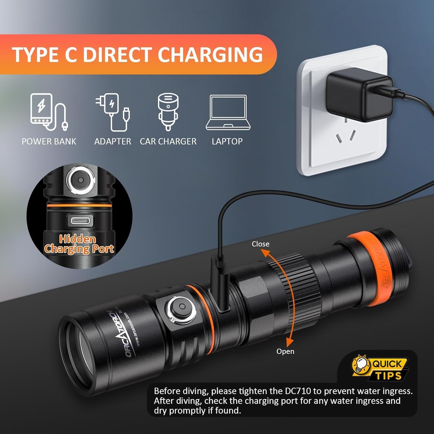 Scuba Dive Light Type C Rechargeable, 3000 Lumens Super Bright Underwater Fla…