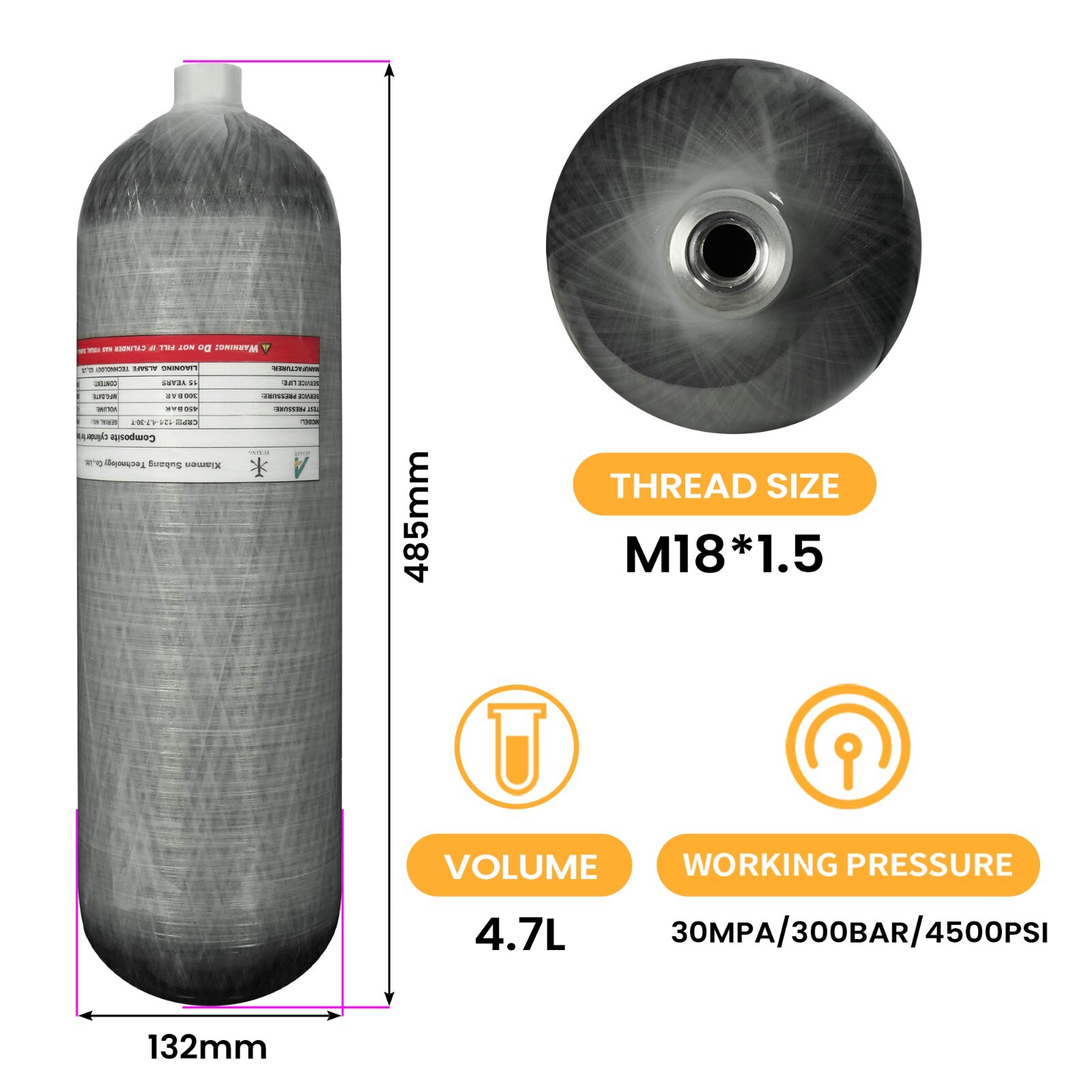 TUXING 4500Psi Carbon Fiber Scuba Tank 4.7L High Pressure Composit Diving Tank