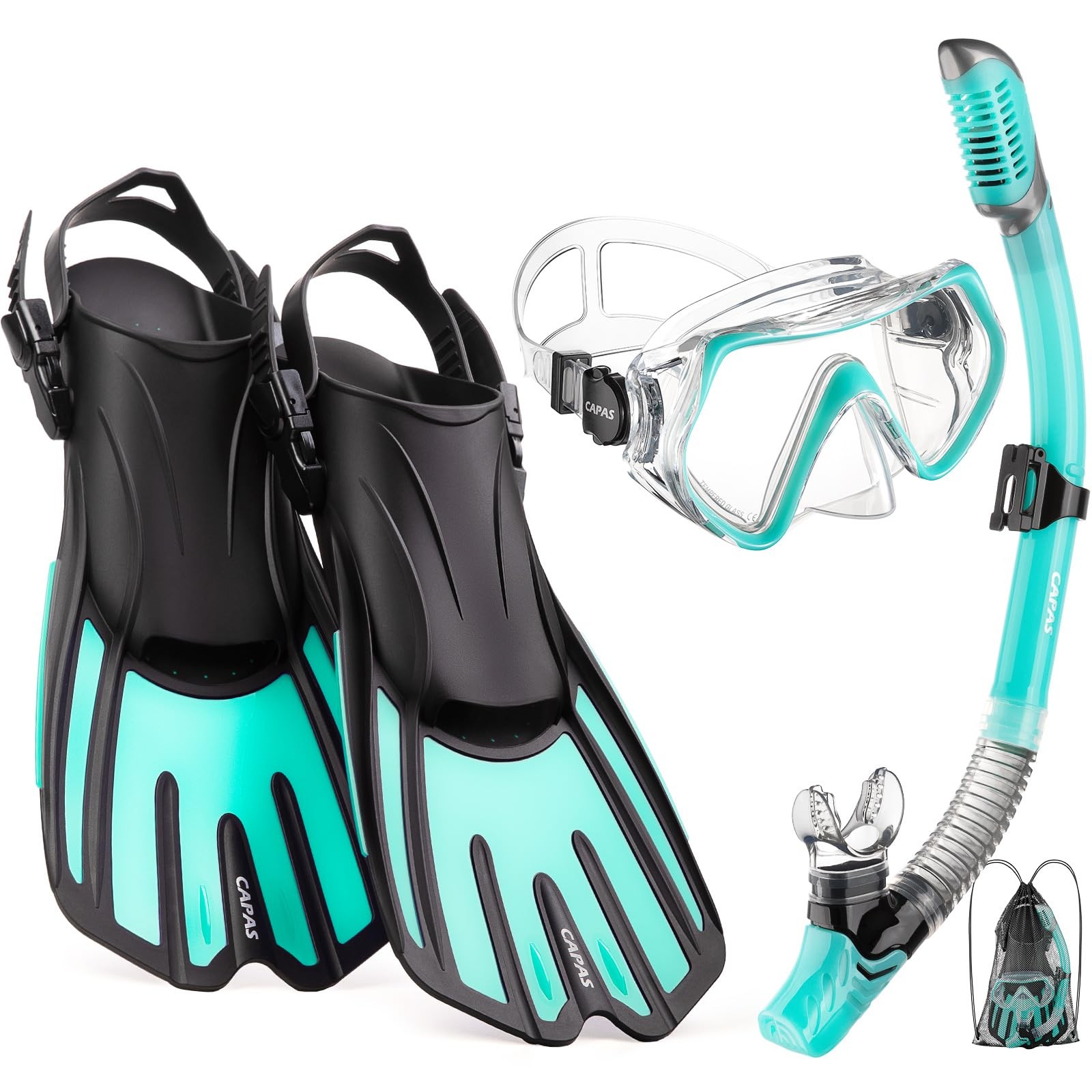 CAPAS Snorkel Mask Fins Set, S/M (US Men 6-8.5 / Women 7-9.5), Green-black