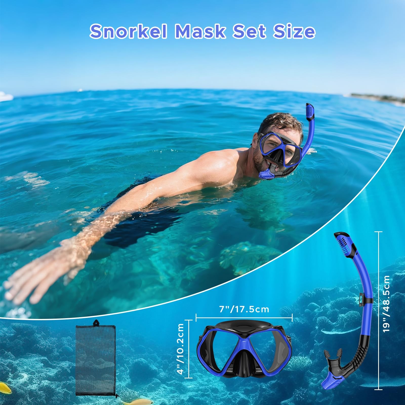Snorkeling Gear for Adults, Dry Snorkel, Mask Set Adult, Diving Gray+Blue