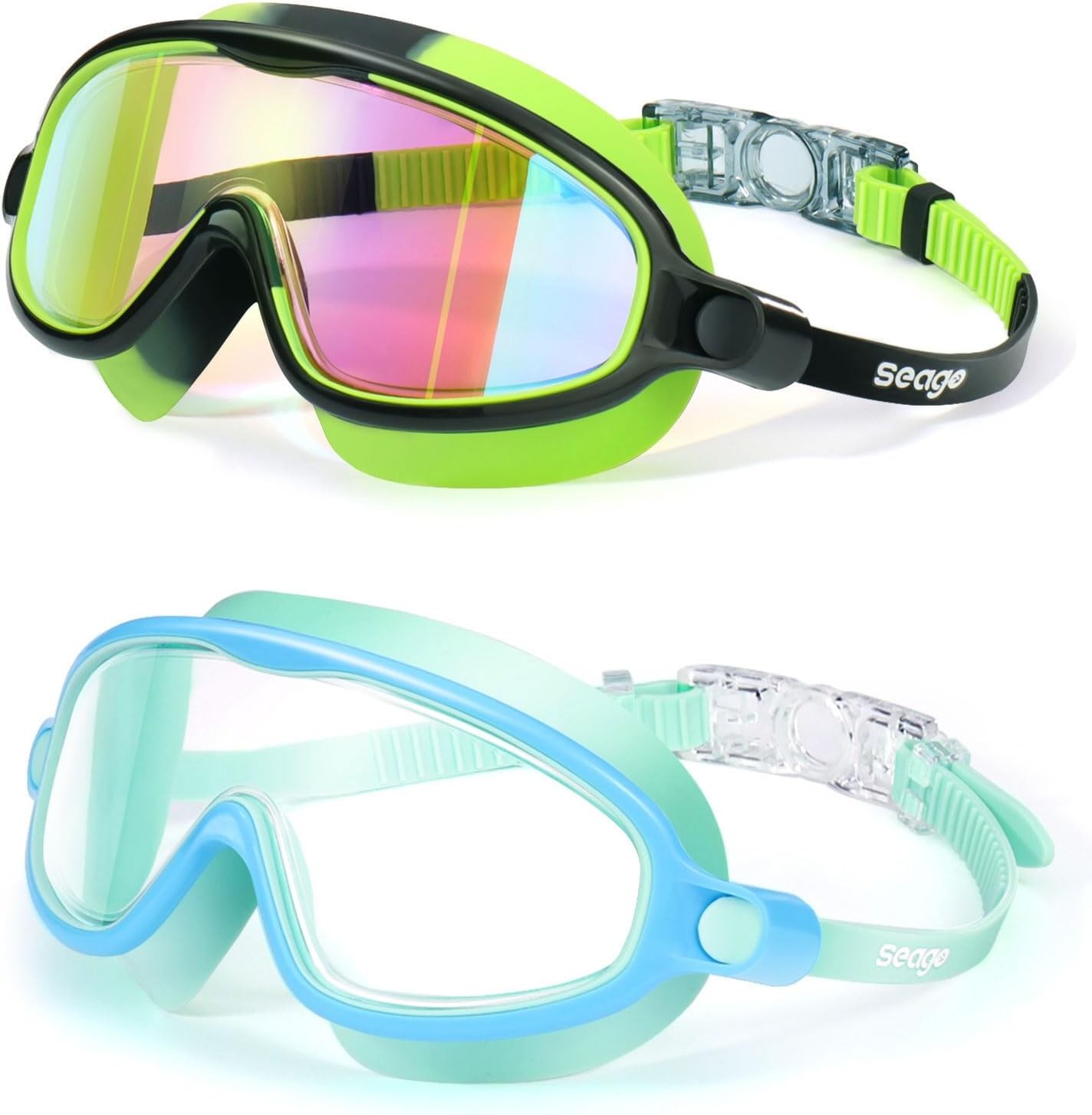 Seago Swim Goggles 2 Pack Anti-Fog Anti-UV Wide Light Blue & Black/Green