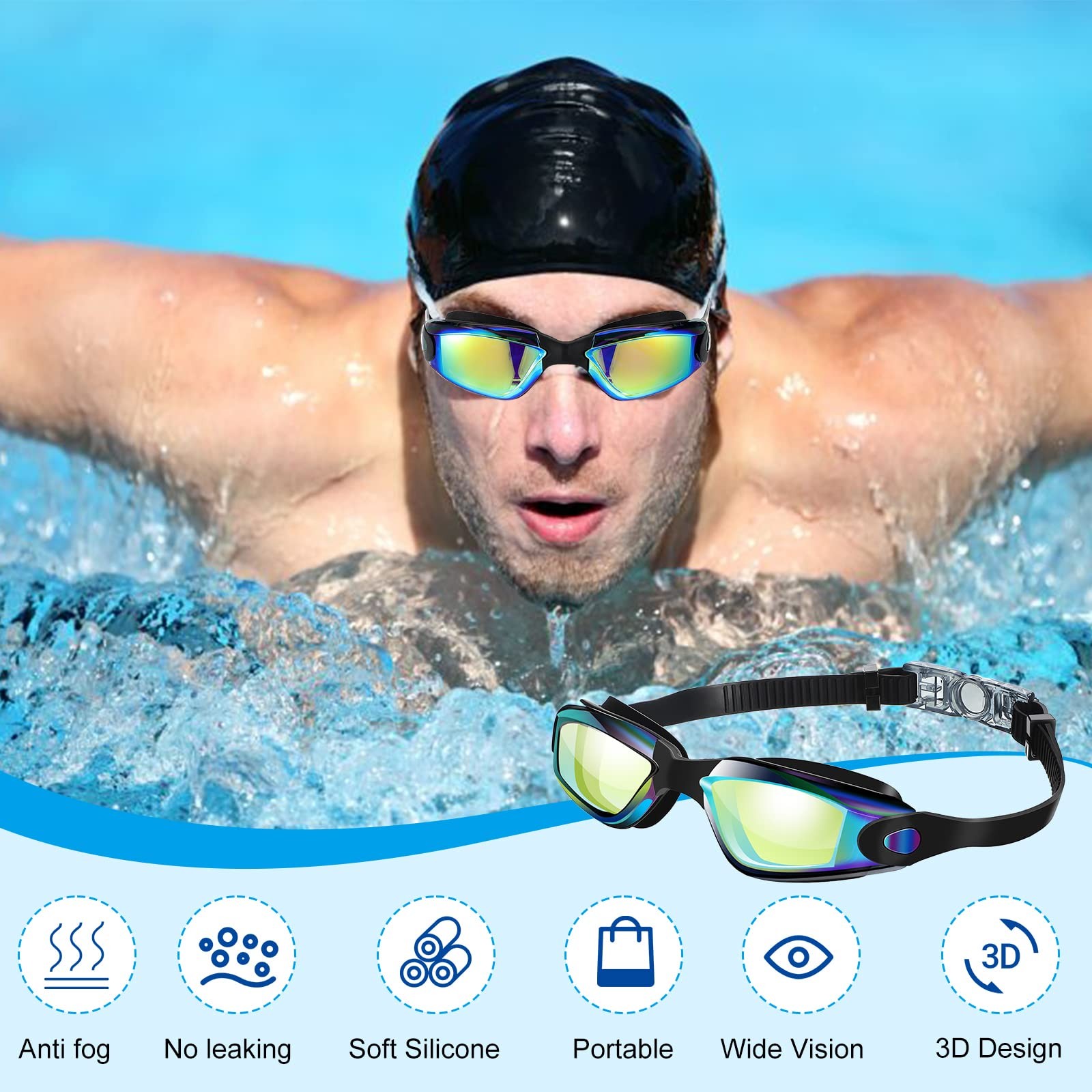 6 Pack Swim Goggles Antifog Swimming Equipment 6.3 X 1.6 Inches, Vivid Color