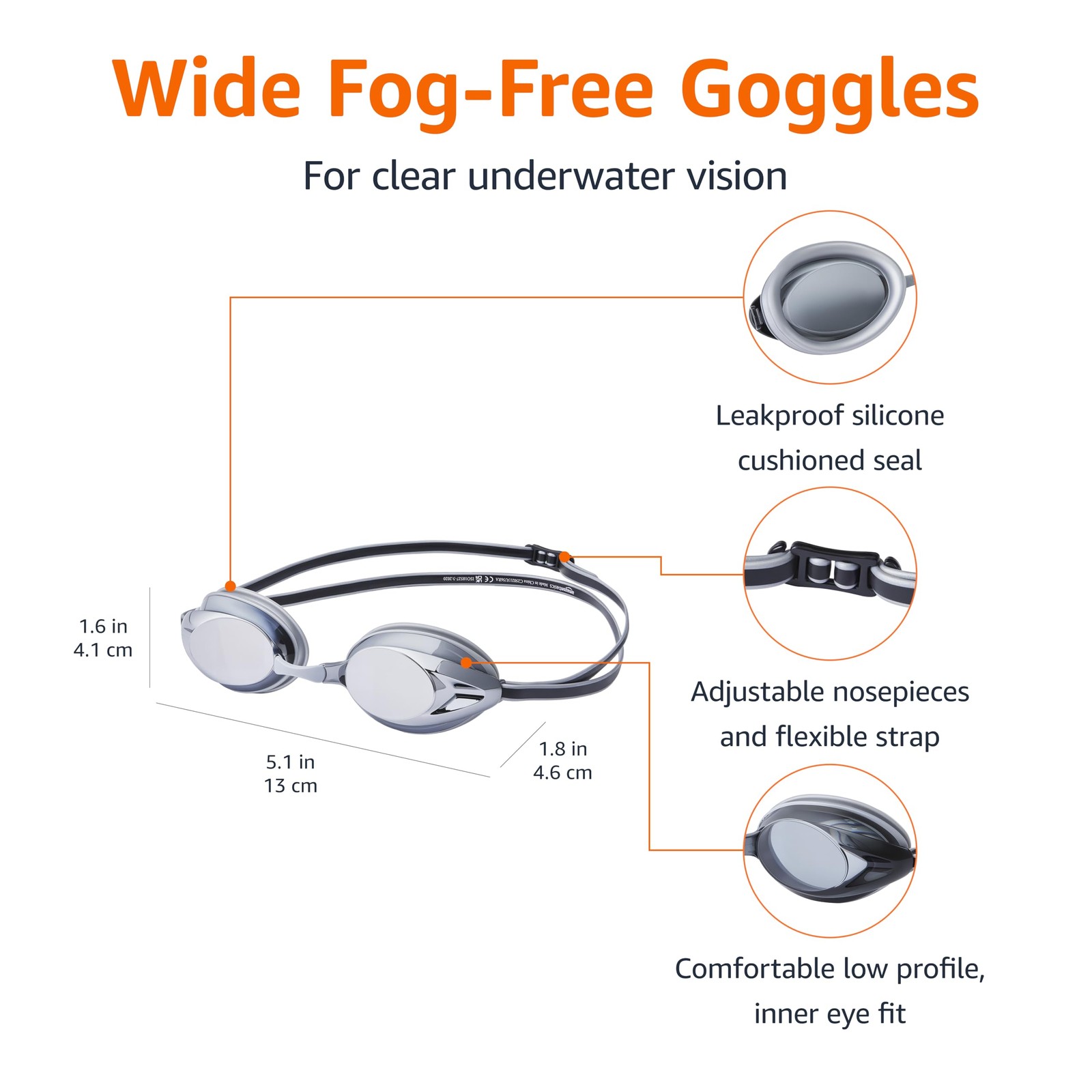 Amazon Basics Unisex Swim Goggles for Adults, Anti-Fog, Unisex, Adult, Silver