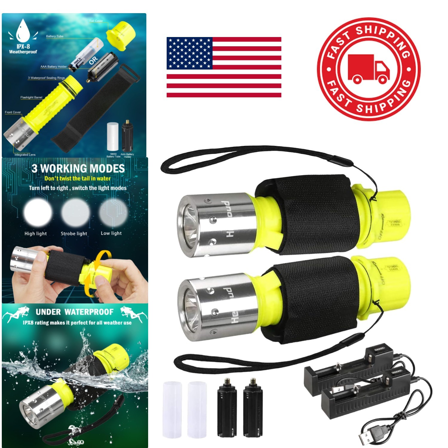 Portable Diving Flashlight Waterproof LED Light with 3 Modes for Outdoor Sports