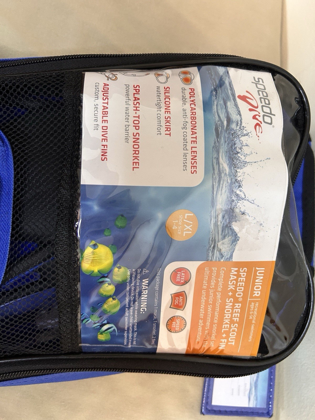 Speedo Dive Snorkel Set Fin and Snorkel Junior L/XL Backpack Swimming