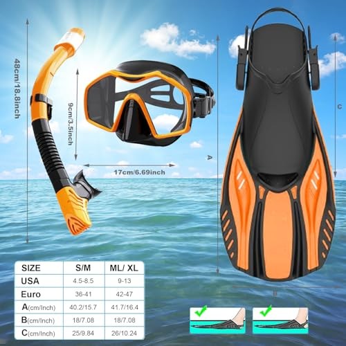 Snorkeling Gear for Adults,Mask Fins Snorkel Set,Panoramic Small-Medium Orange