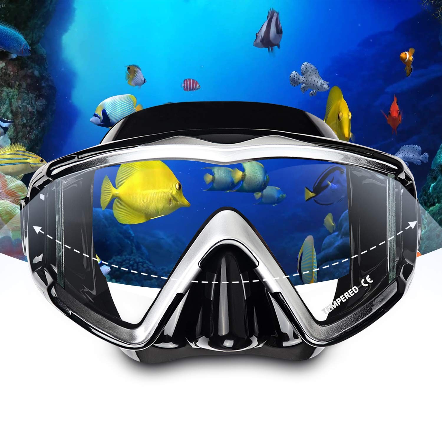Adult Pano 3 Window Scuba Diving , Tempered Glass Snorkel Anti-Fog Swim No Le…