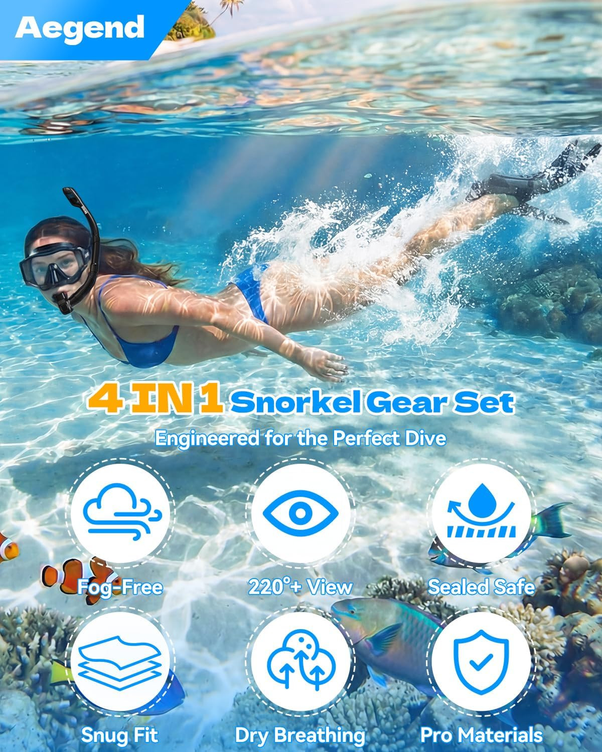 Aegend Snorkeling Gear for Adults Men Women: Anti-Fog Panoramic Mask Set, Adjust