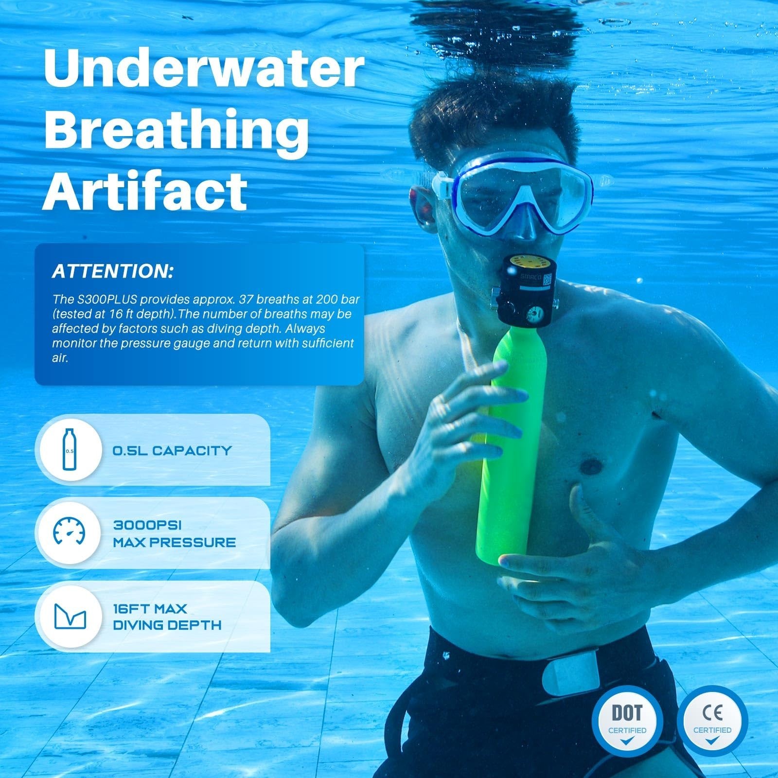 SMACO S300 Plus Mini Scuba Tank 0.5L Lung Air Tank Portable Diving Tank for U…