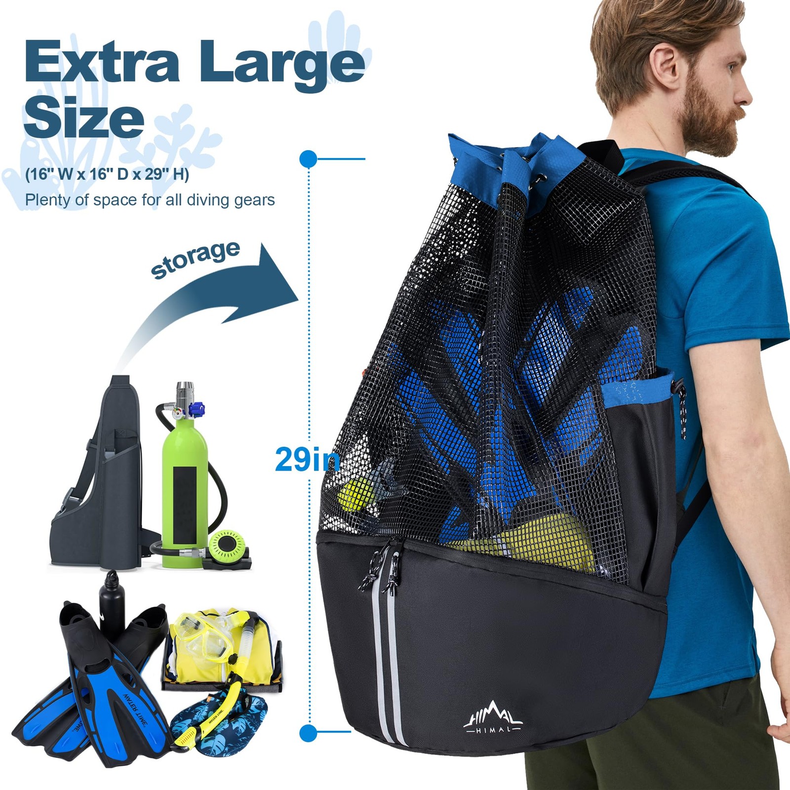 GoHimal Scuba Diving Bag, XL Mesh Backpack for One Size, Black-Blue