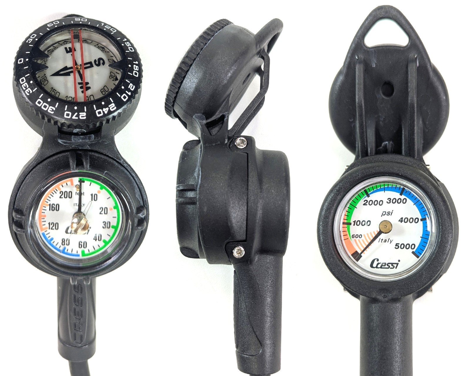 Cressi Compact 3 Gauge Console 5000 PSI, SPG, 250 Depth Gauge Compass Scuba Dive