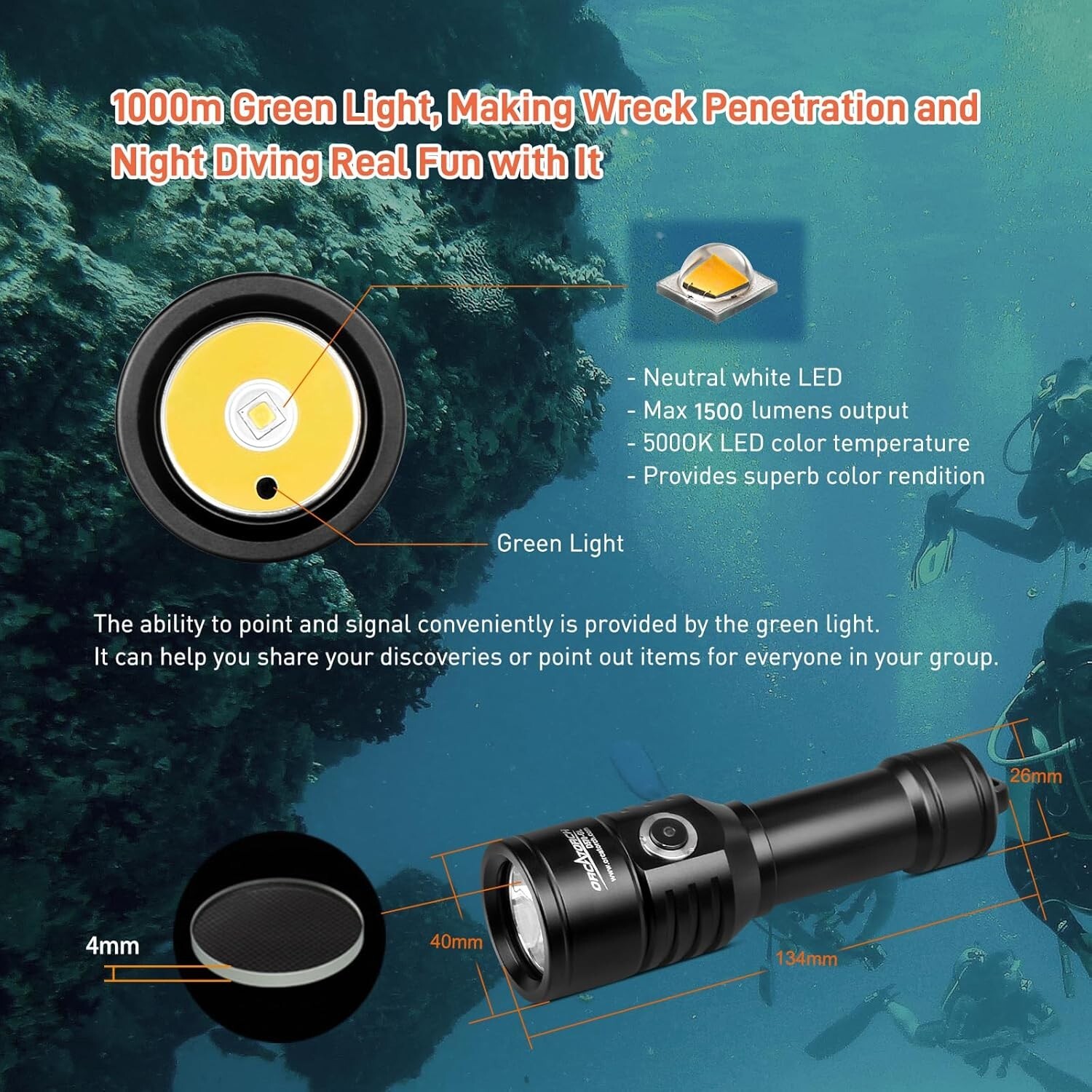 GL 2.0 2-in-1 Scuba Diving Signal Light 1500 Lumens Underwater Flashlight, 10…