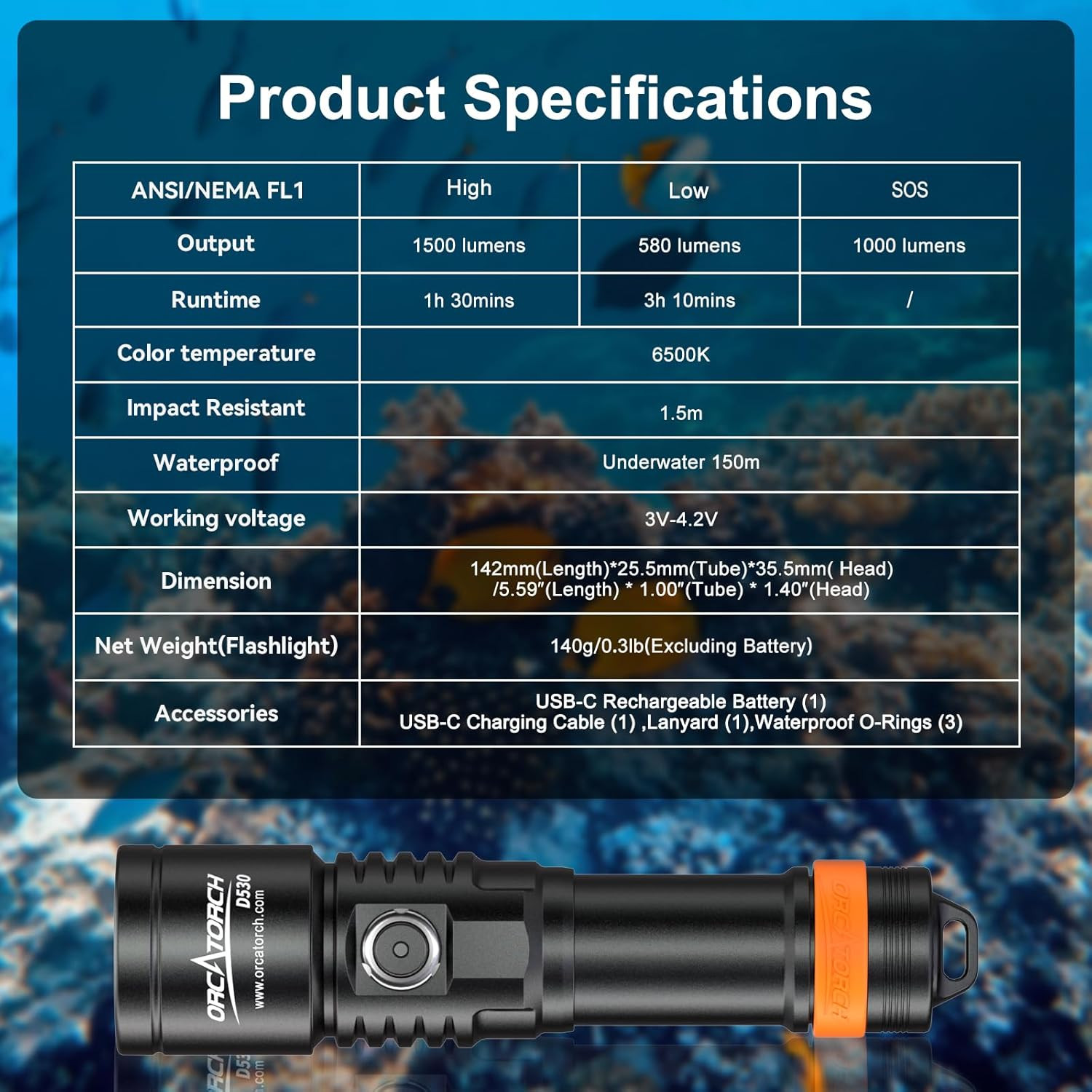 D530 Dive Light 1500 Lumens SOS Signal Scuba Diving Flashlight, 7° Super Focus B