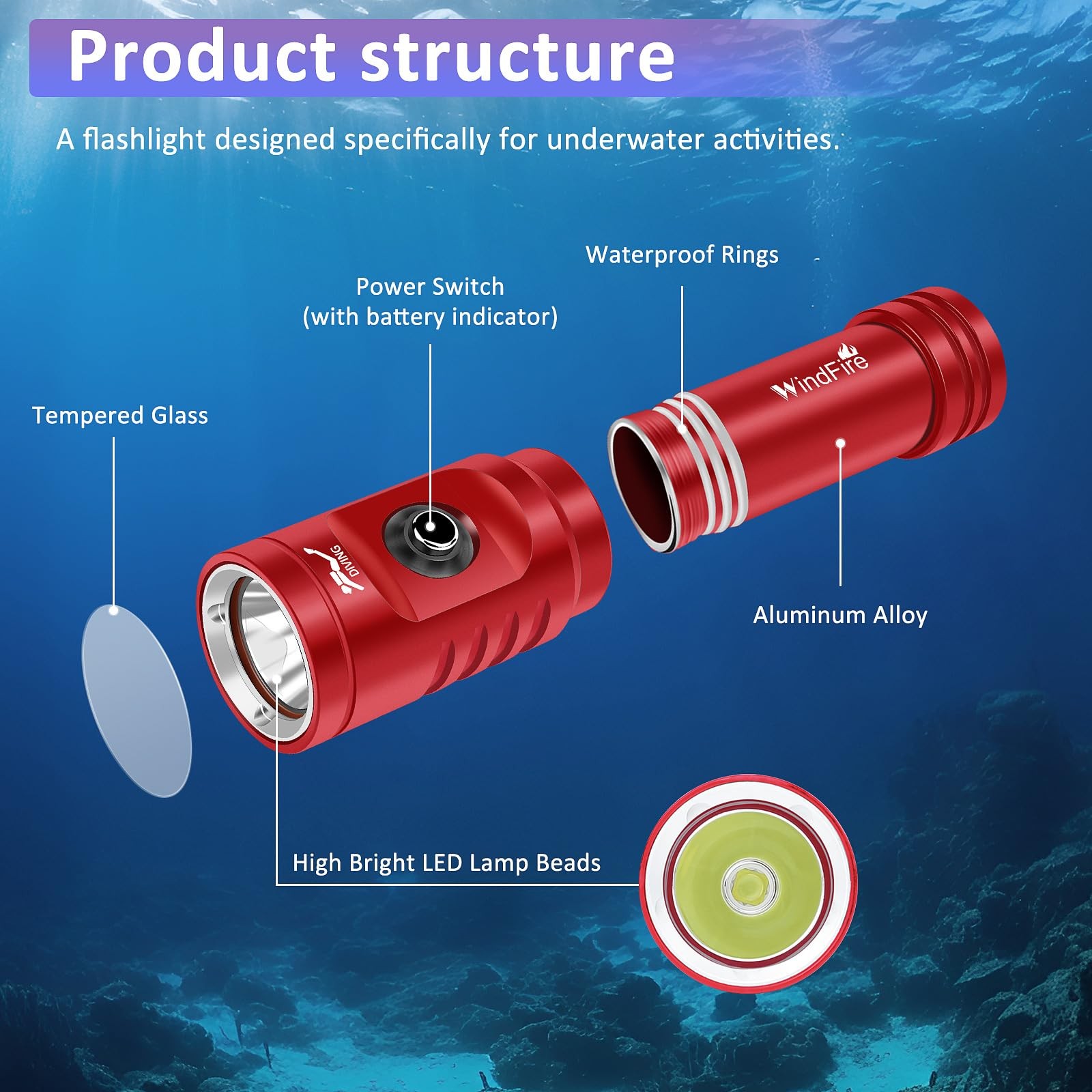 WINDFIRE TS08 Dive Light Super Bright, Scuba Flashlight Red-TS08