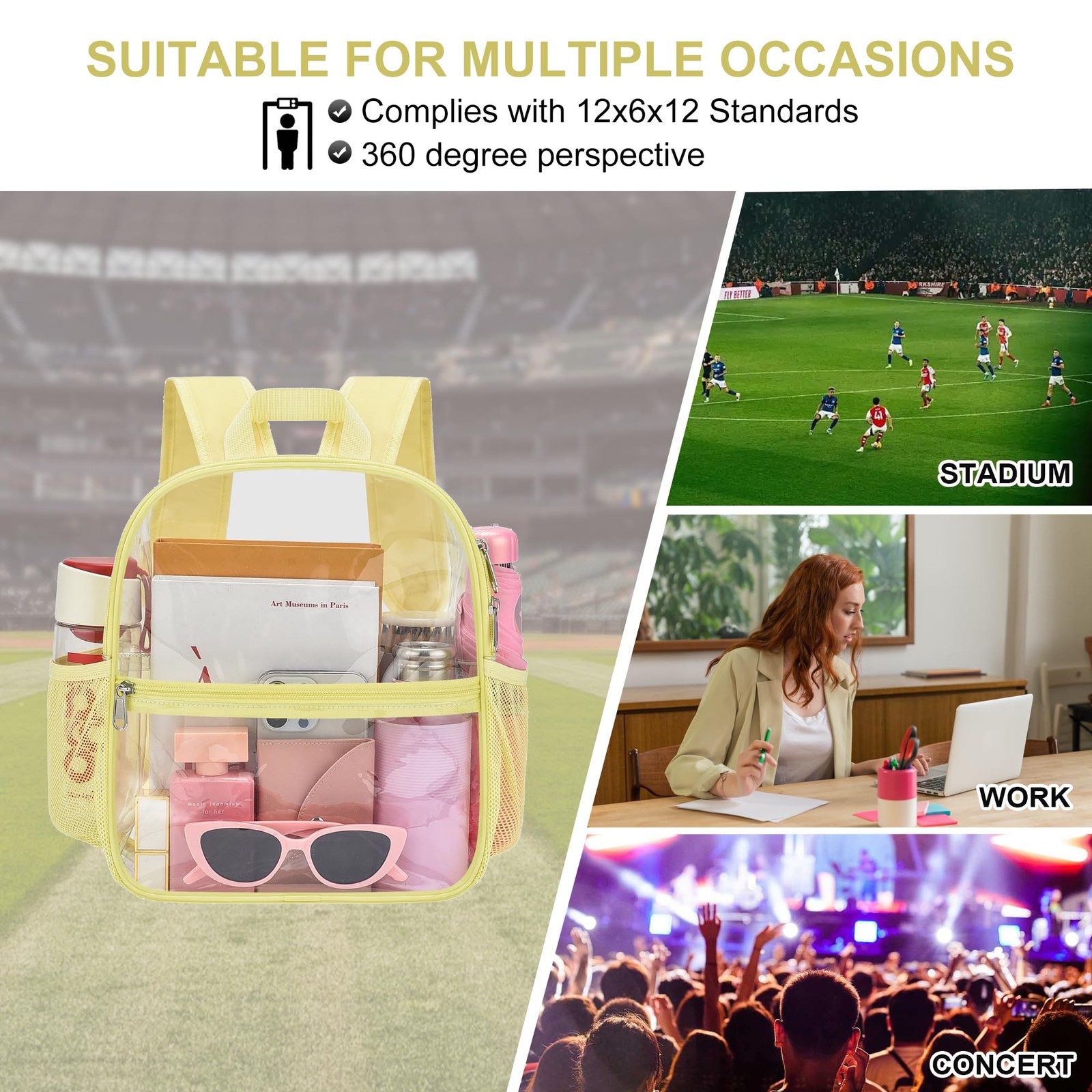 Oraben Clear Backpack Stadium Approved, 12 x 6 x 11 in, Small, Yolk Yellow