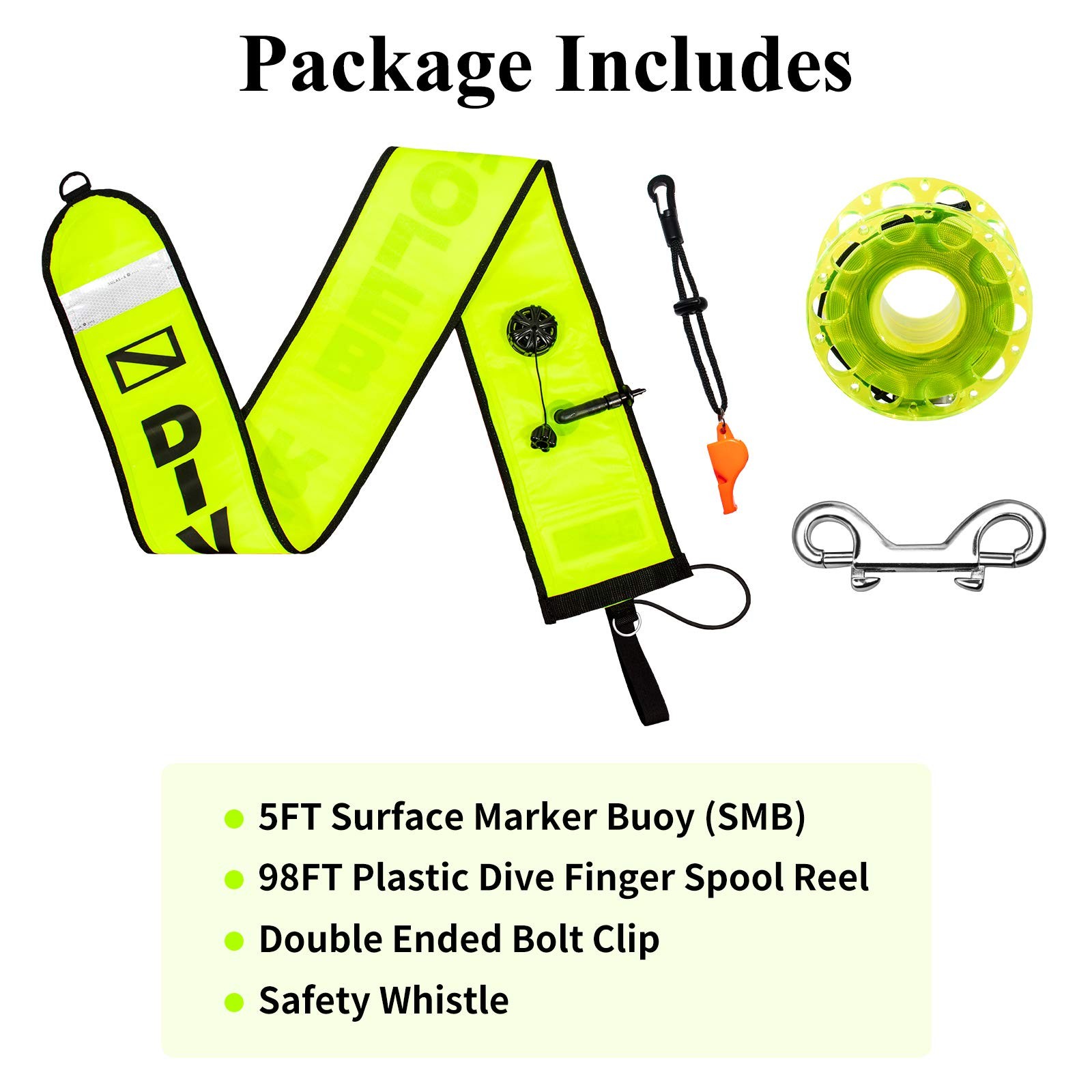 5ft Scuba Diving Surface Marker Buoy (SMB), Safety Sausage with Plastic 98ft …