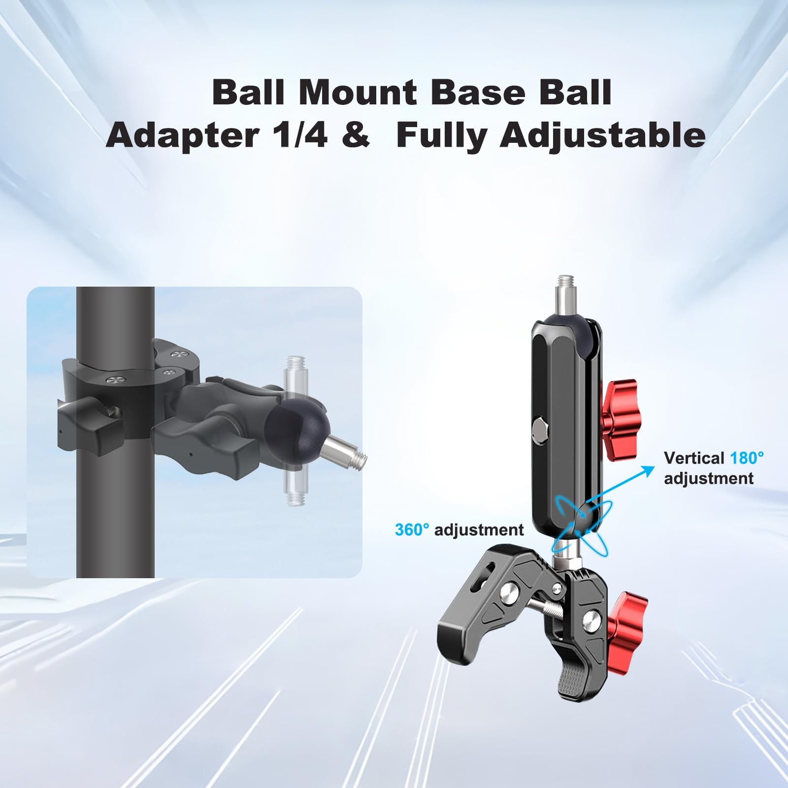 1″ Ball Mount Adapter with 1/4″-20 Threaded, Aluminum 1/4 ball mount, Black