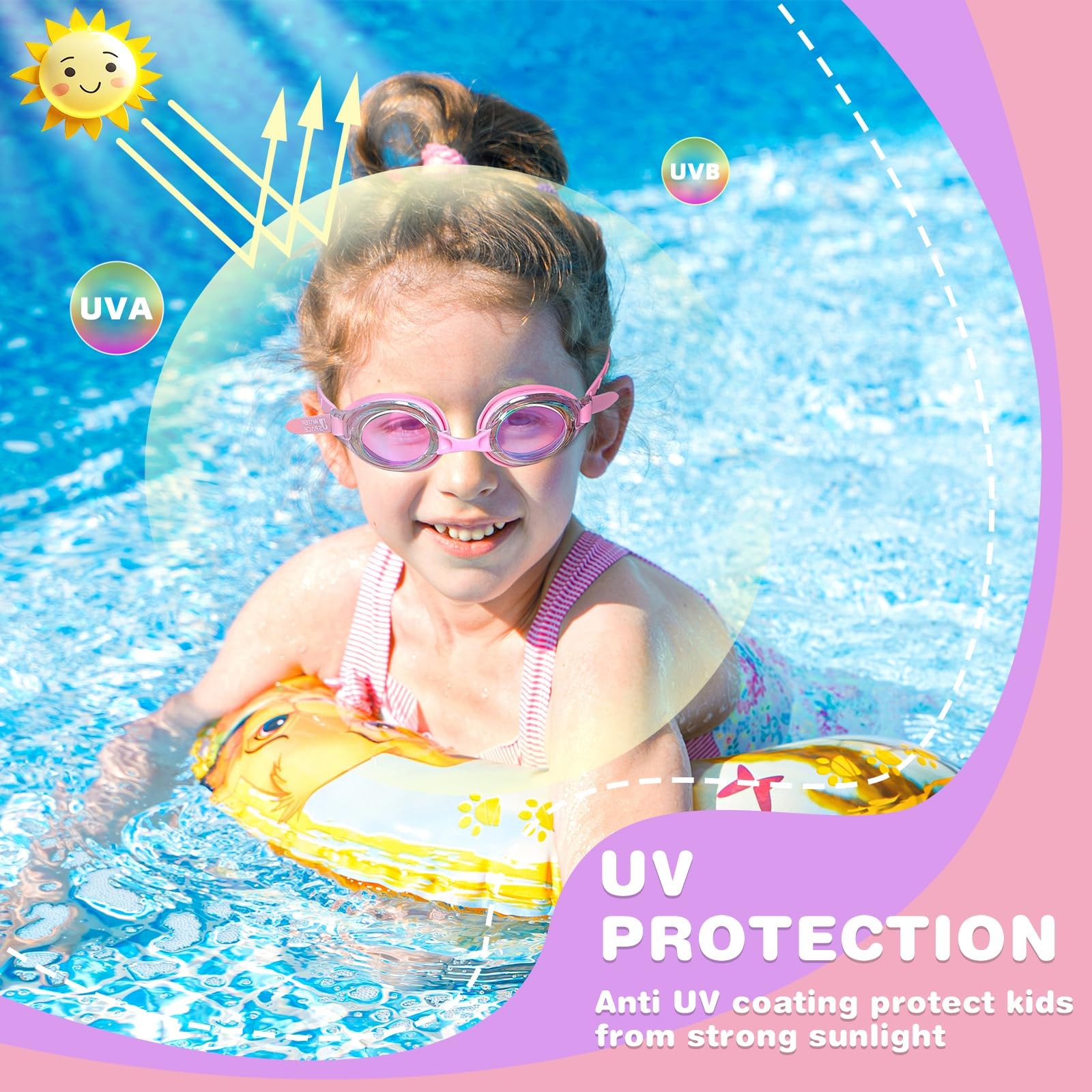 Water Space Kids Swim Goggles, Swimming Goggles for One Size, White & Pink