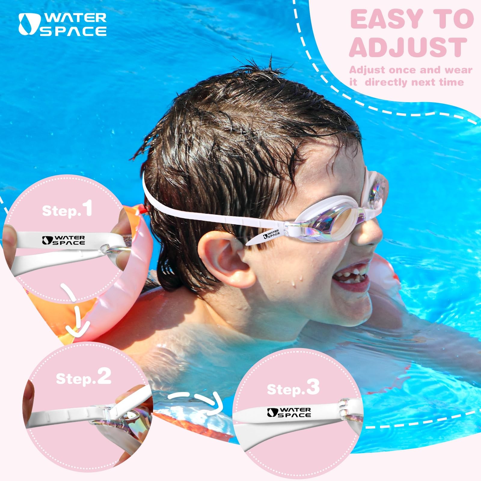 Water Space Kids Swim Goggles, Swimming Goggles for One Size, White & Pink